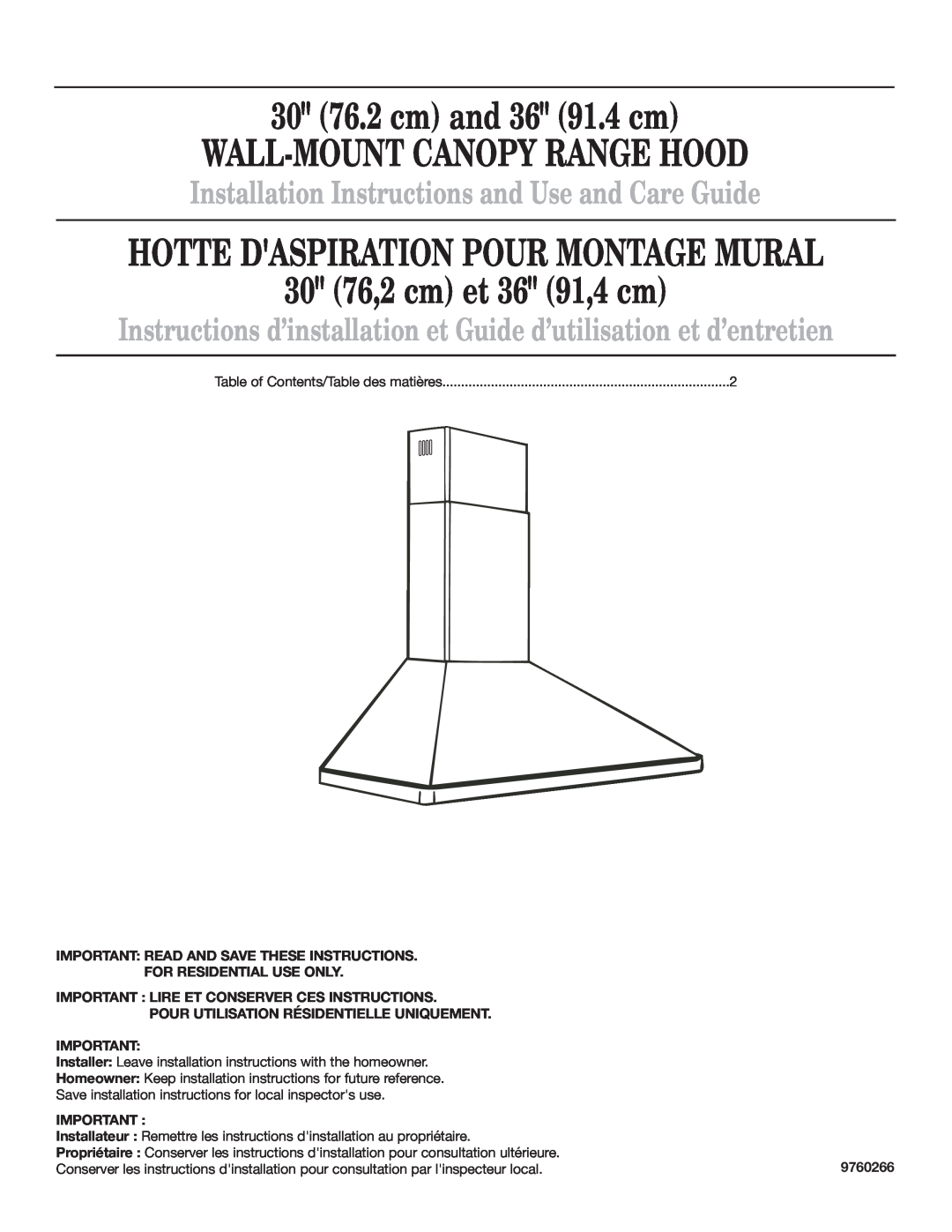 Whirlpool 9760266 installation instructions Important Read And Save These Instructions, For Residential Use Only 