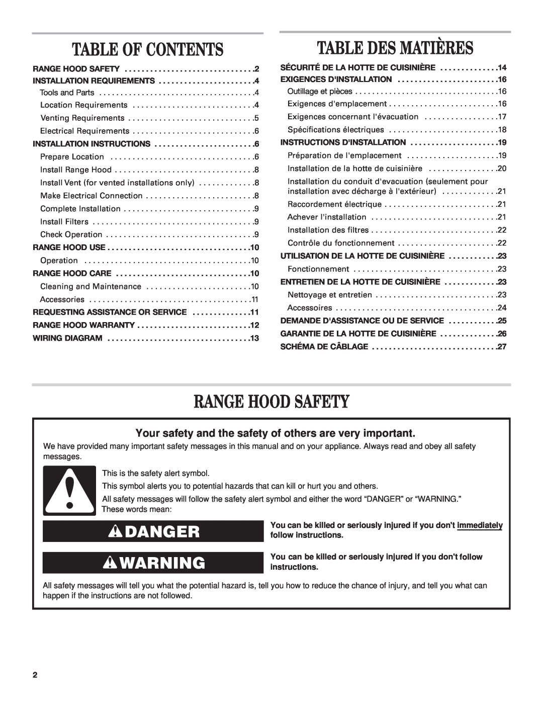 Whirlpool 9760266 Table Of Contents, Table Des Matières, Range Hood Safety, Danger, Installation Instructions 