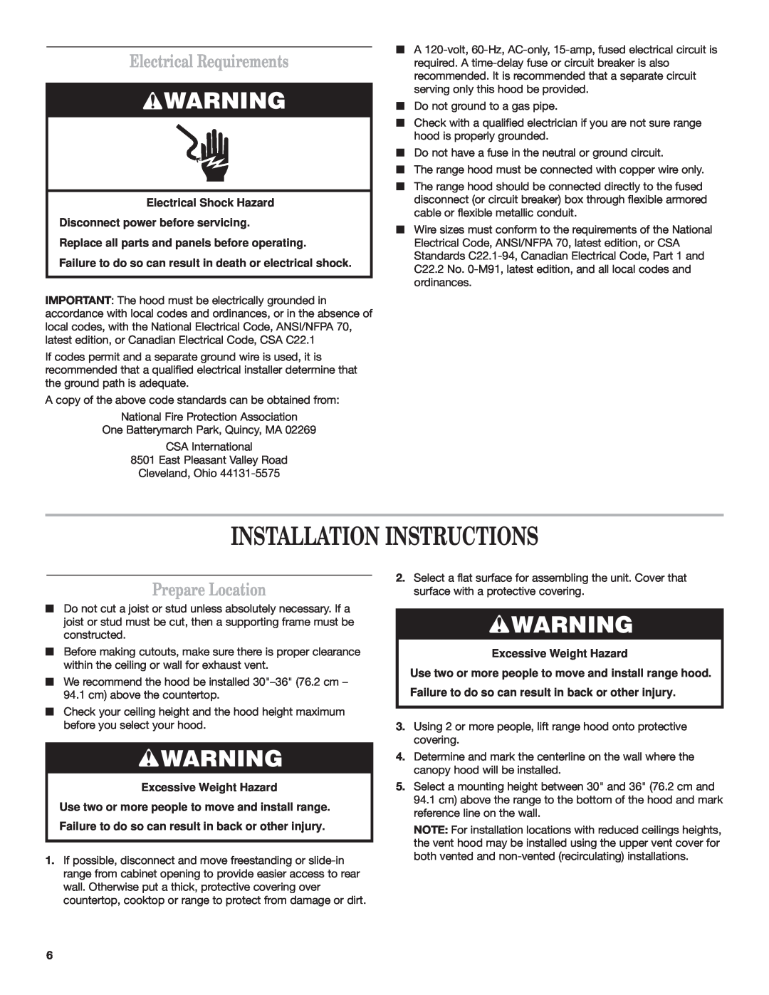Whirlpool 9760266 Installation Instructions, Electrical Requirements, Prepare Location, Excessive Weight Hazard 
