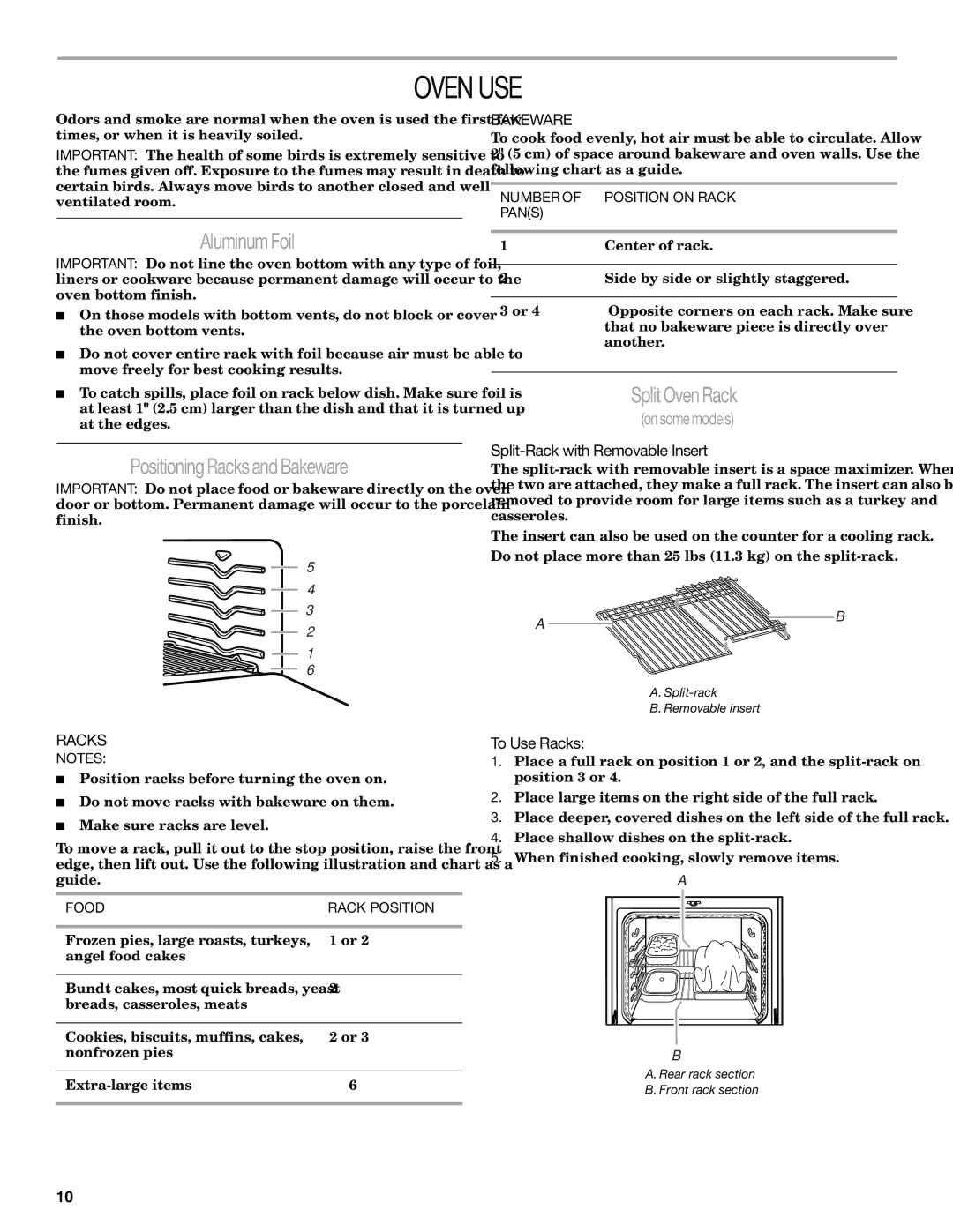 Whirlpool 9761040 manual Oven USE, Aluminum Foil, Positioning Racks and Bakeware, Split Oven Rack 