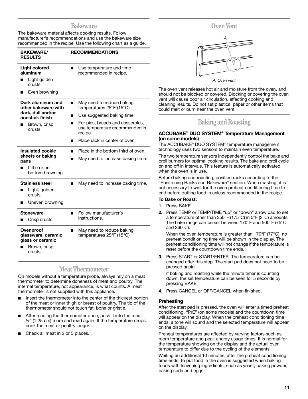 Whirlpool 9761040 manual Bakeware, Oven Vent, Baking and Roasting, Meat Thermometer 