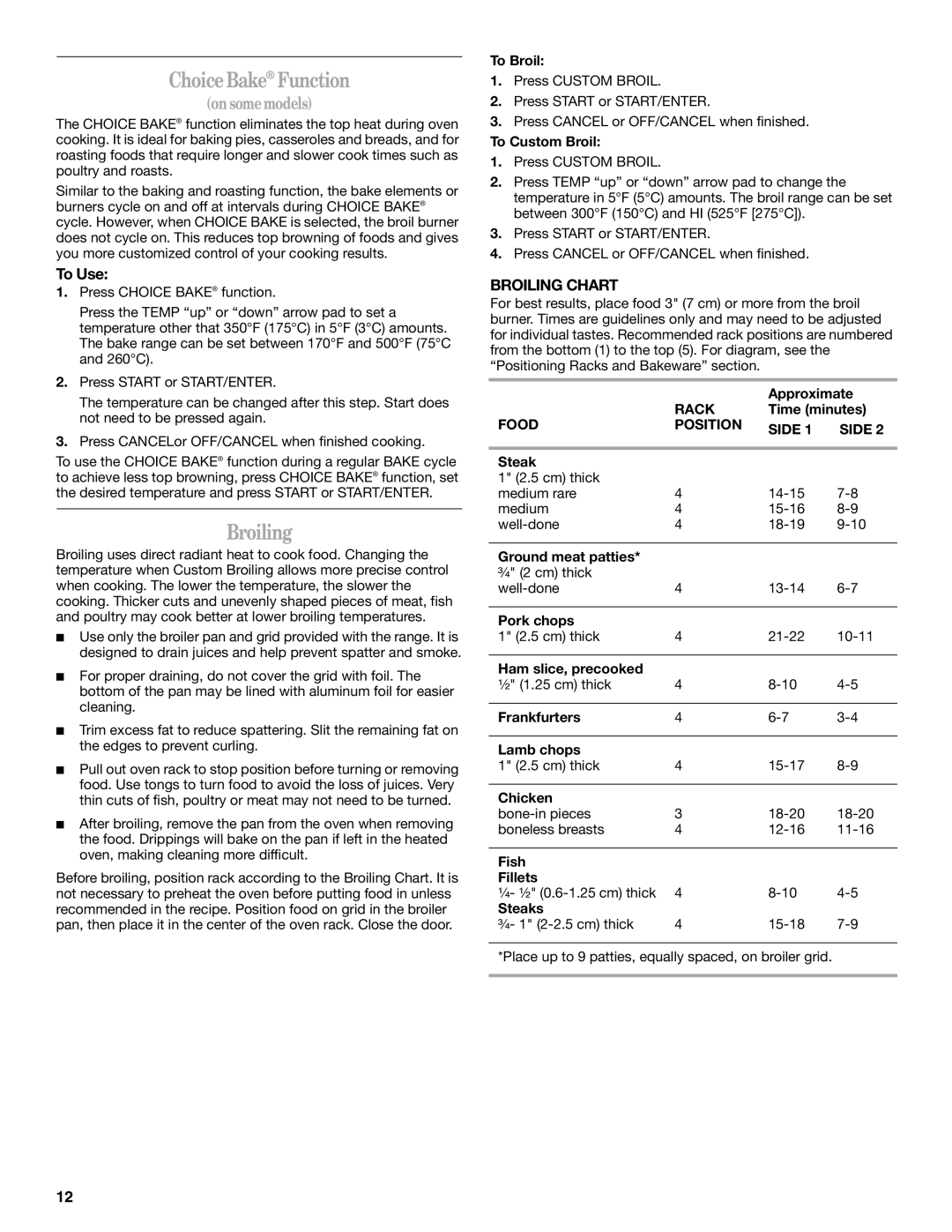 Whirlpool 9761040 manual Choice Bake Function, To Use, Broiling Chart 