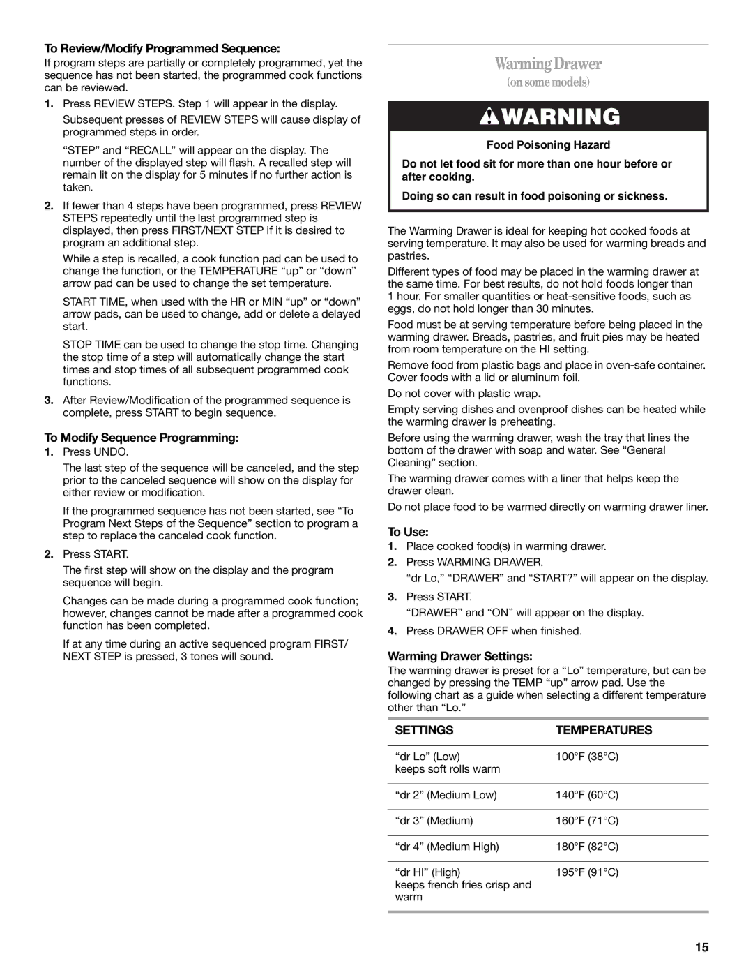 Whirlpool 9761040 manual Warming Drawer, To Review/Modify Programmed Sequence, To Modify Sequence Programming 