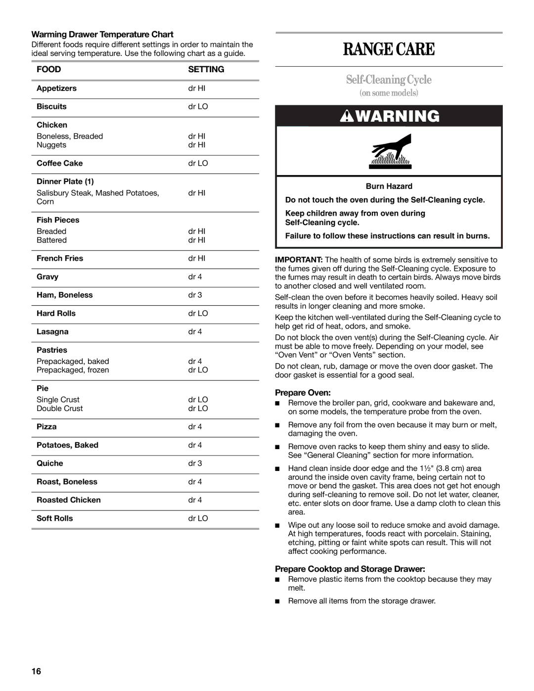 Whirlpool 9761040 manual Range Care, Self-Cleaning Cycle, Food Setting 