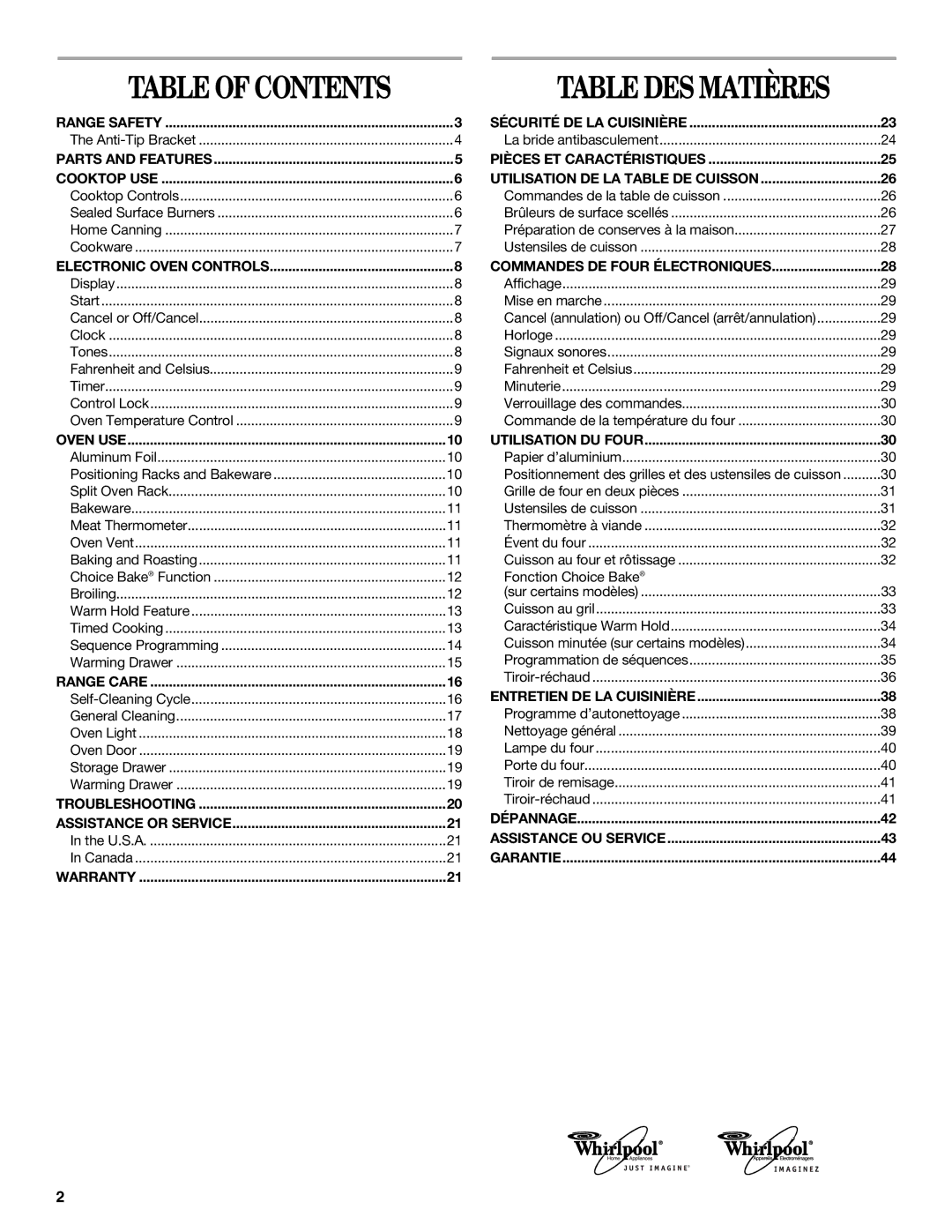 Whirlpool 9761040 manual Table DES Matières 