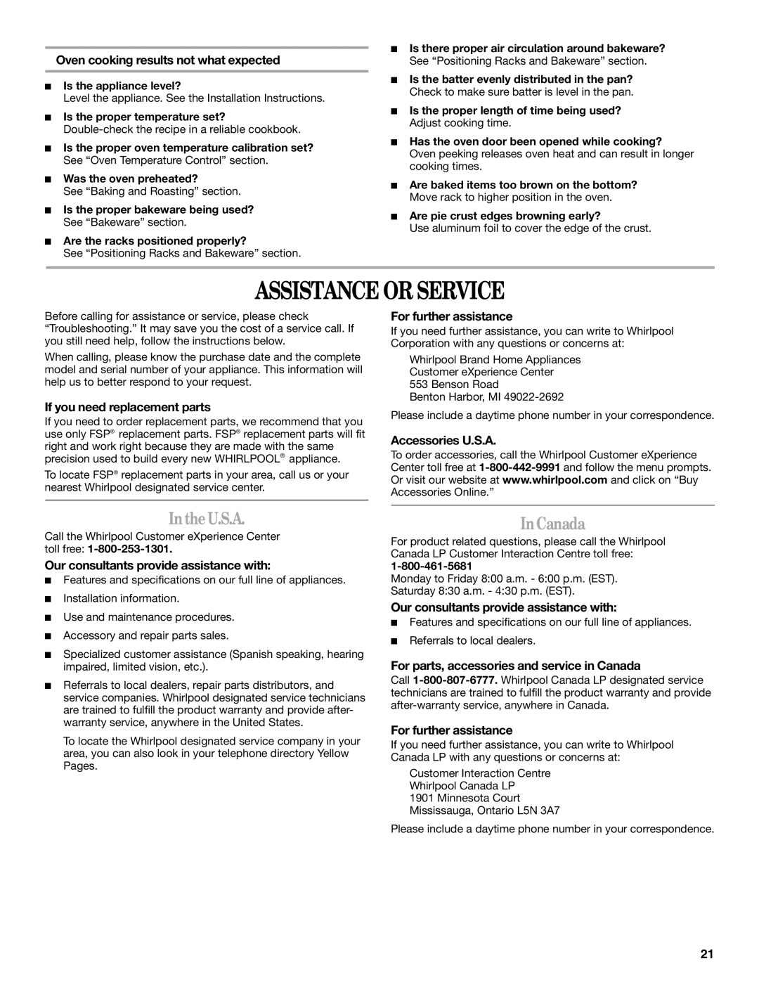 Whirlpool 9761040 manual Assistance or Service, U.S.A, Canada 