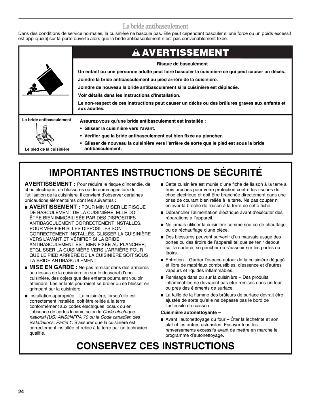 Whirlpool 9761040 manual Importantes Instructions DE Sécurité, La bride antibasculement 