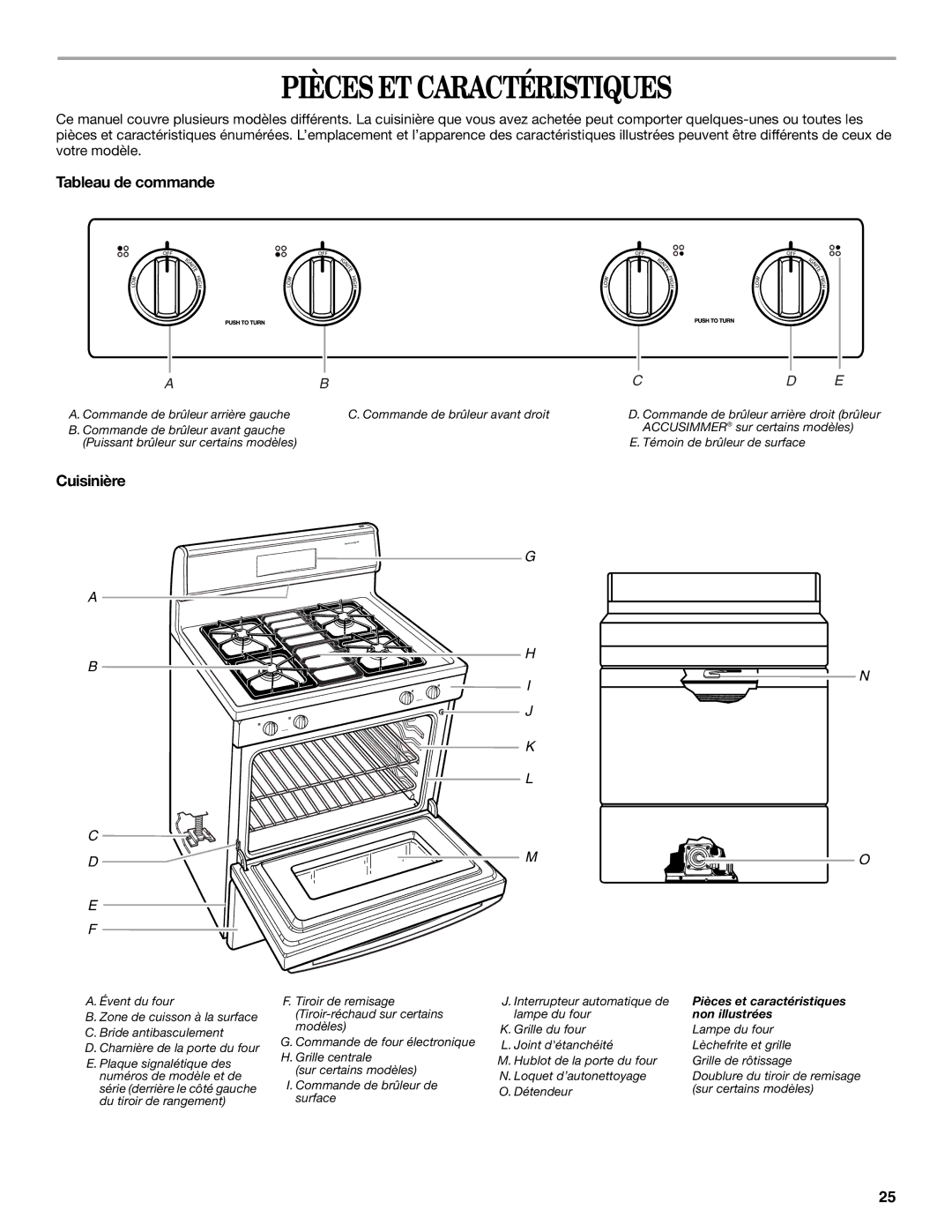 Whirlpool 9761040 manual Pièces ET Caractéristiques, Tableau de commande, Cuisinière 