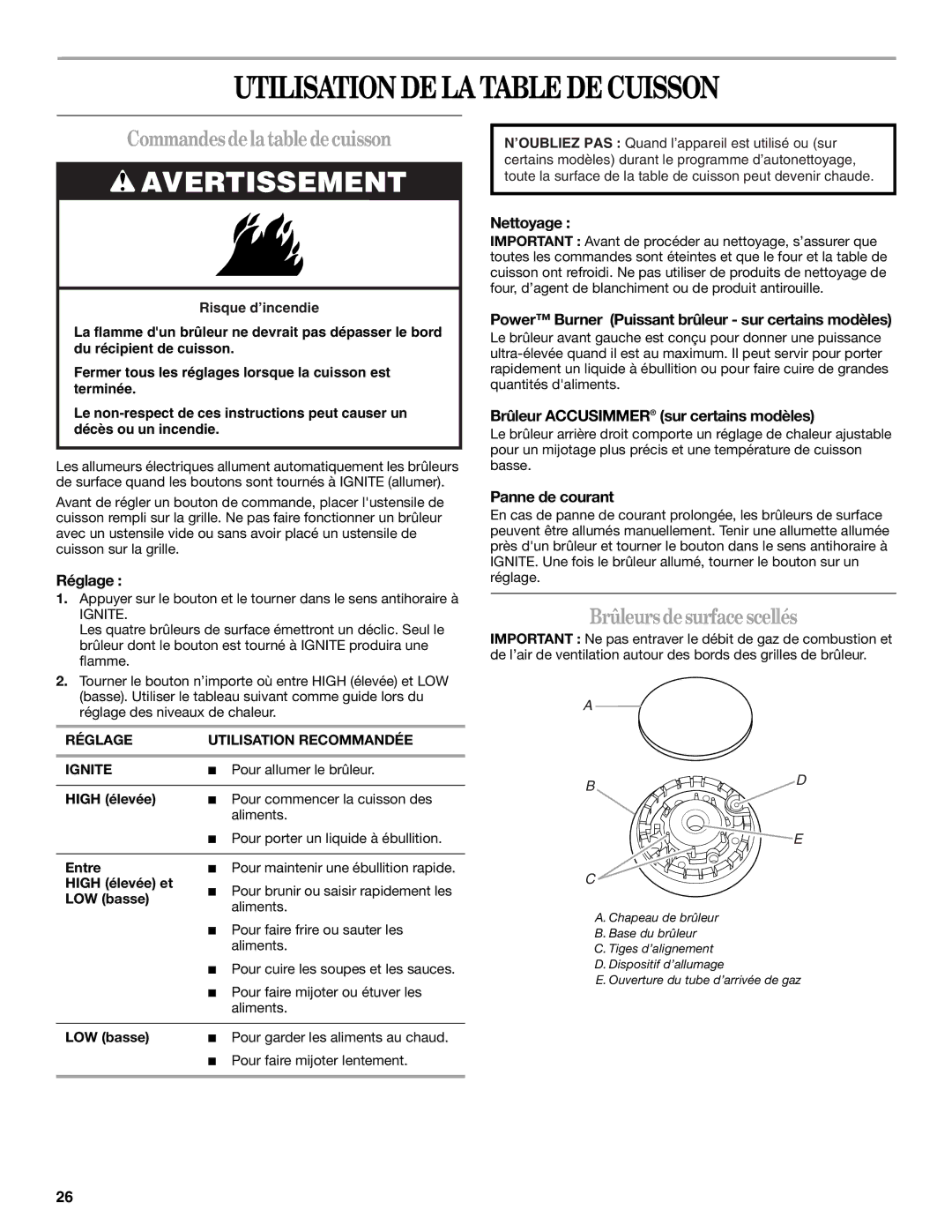 Whirlpool 9761040 manual Utilisation DE LA Table DE Cuisson, Commandes de la table de cuisson, Brûleurs de surface scellés 