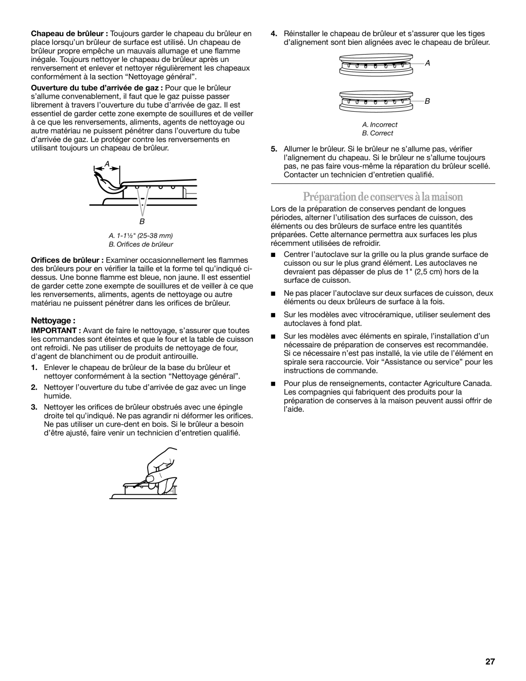 Whirlpool 9761040 manual Préparation de conserves àla maison, 1¹⁄₂ 25-38 mm Orifices de brûleur 