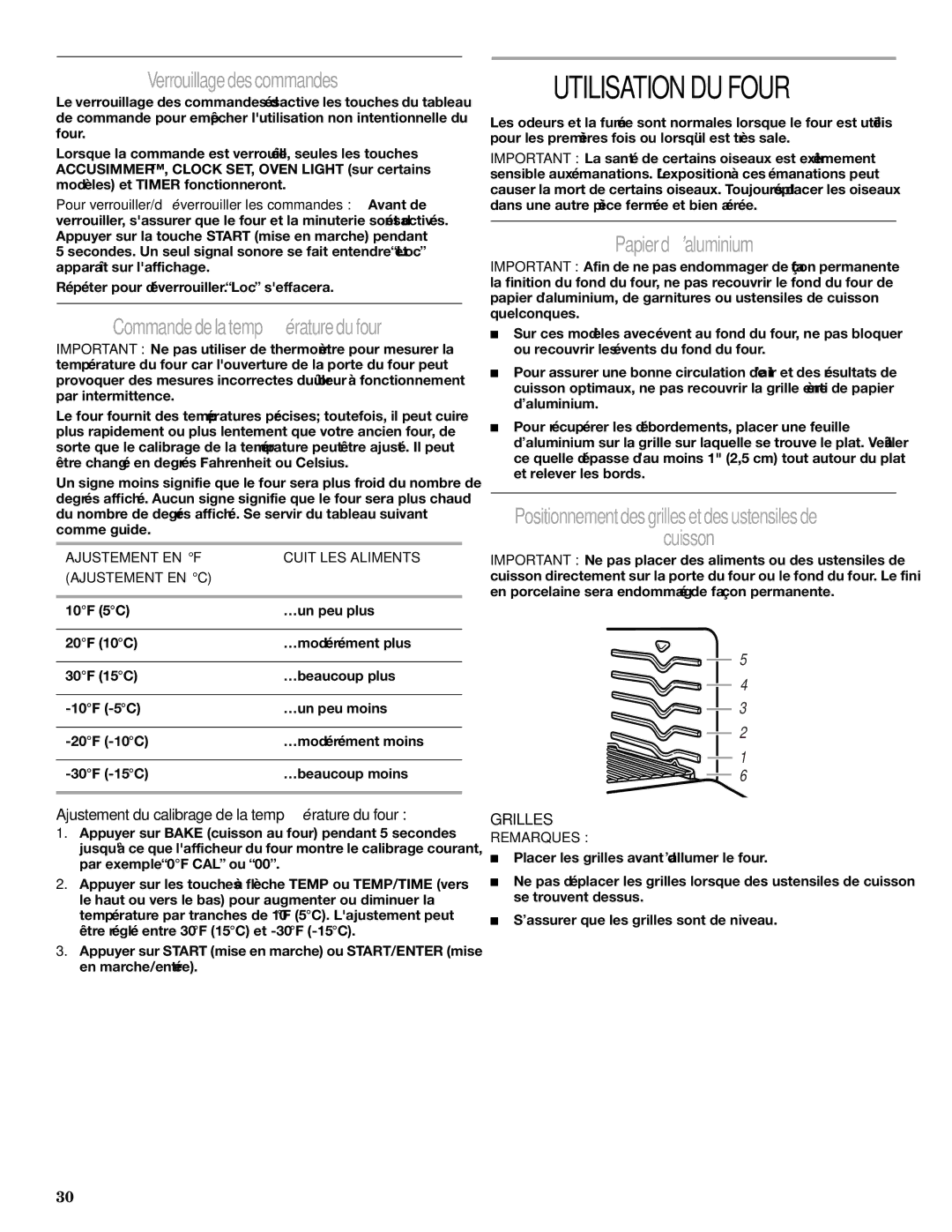 Whirlpool 9761040 Utilisation DU Four, Verrouillage des commandes, Commande de la température du four, Papier d’aluminium 