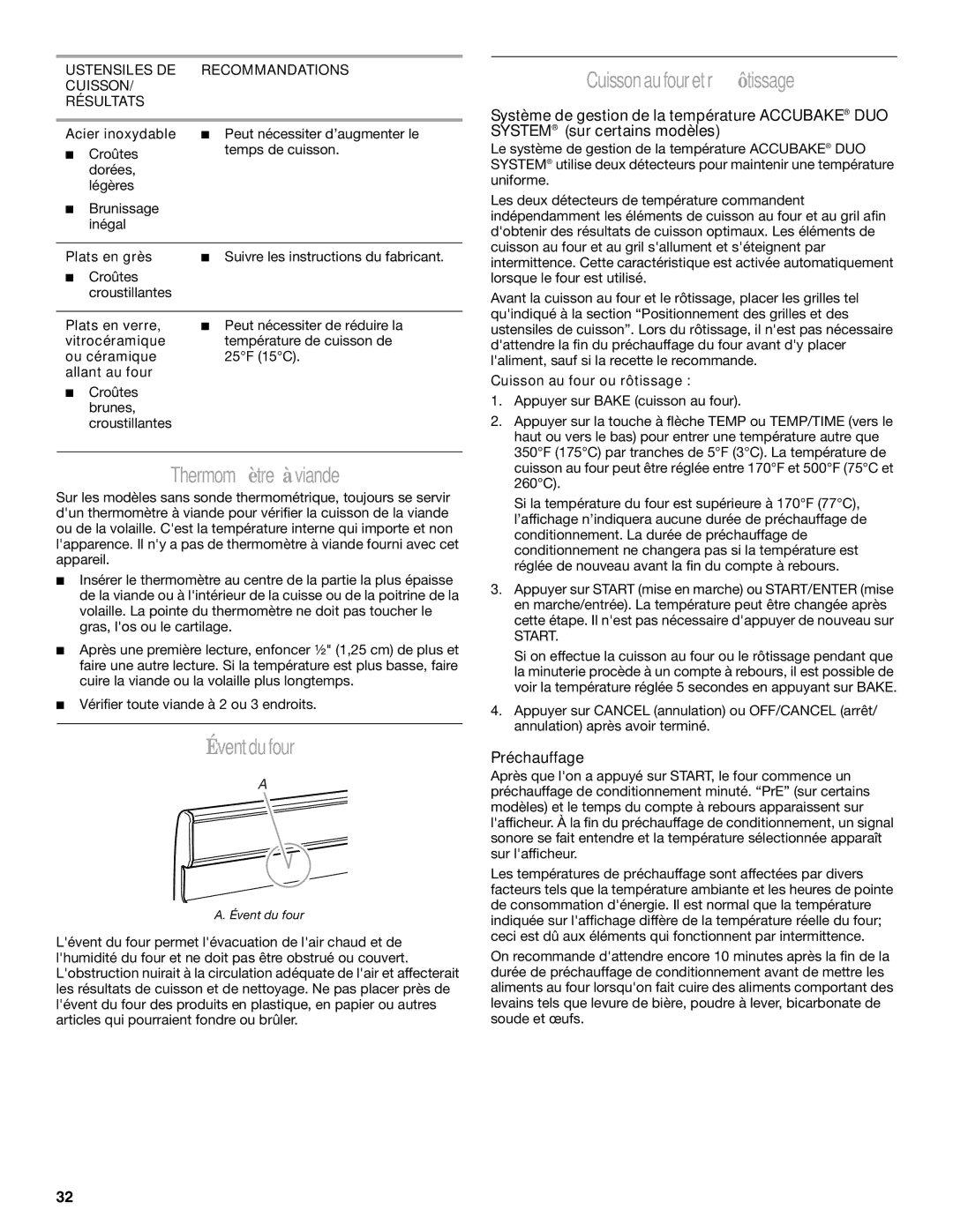 Whirlpool 9761040 manual Thermomètre àviande, Évent du four, Cuisson au four et rôtissage, Préchauffage 