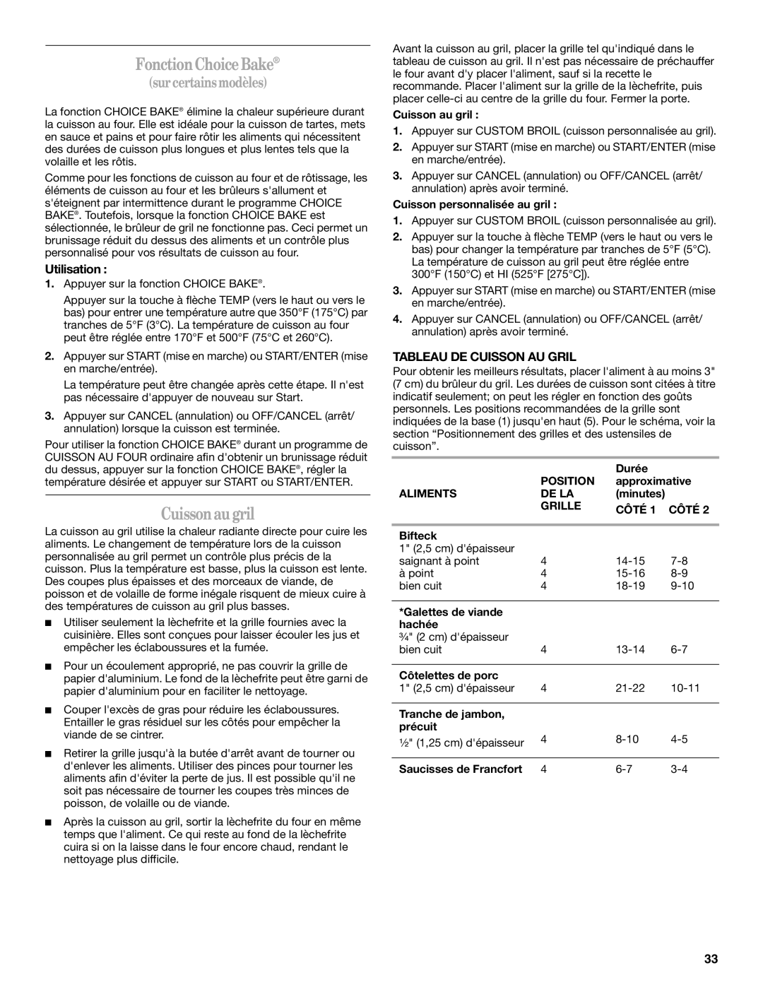 Whirlpool 9761040 manual Fonction Choice Bake, Cuisson au gril, Utilisation, Tableau DE Cuisson AU Gril 