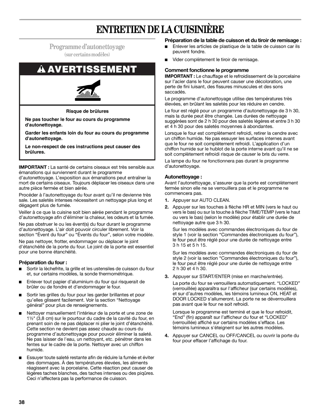 Whirlpool 9761040 manual Entretien DE LA Cuisinière, Programme d’autonettoyage 