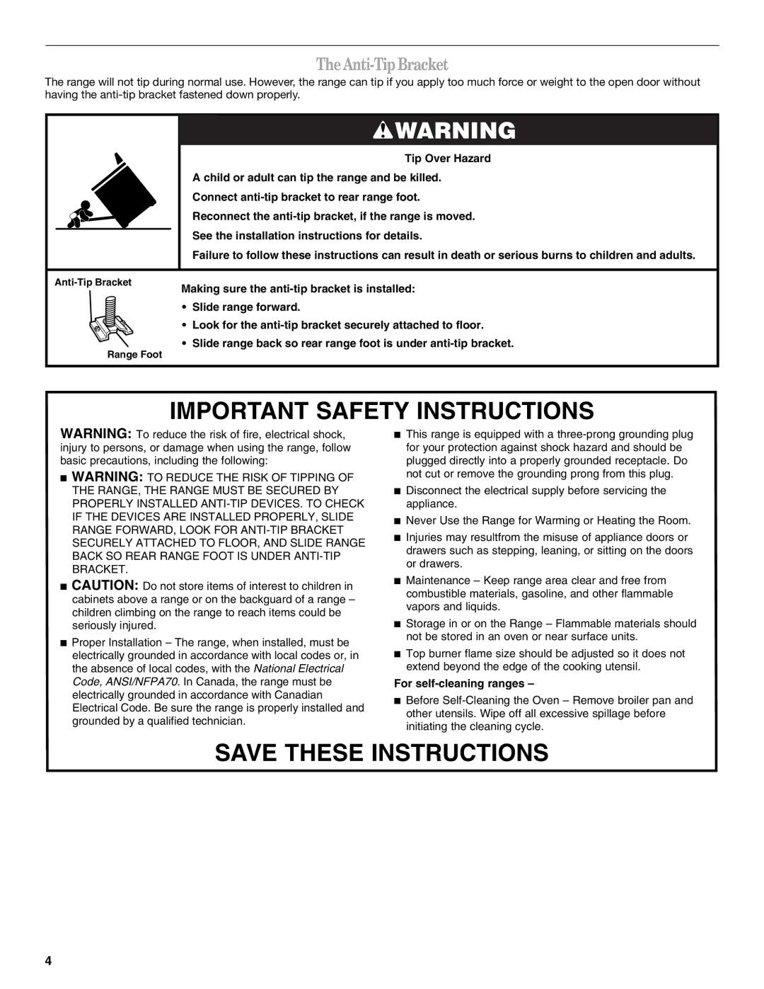 Whirlpool 9761040 manual Important Safety Instructions, Anti-Tip Bracket 