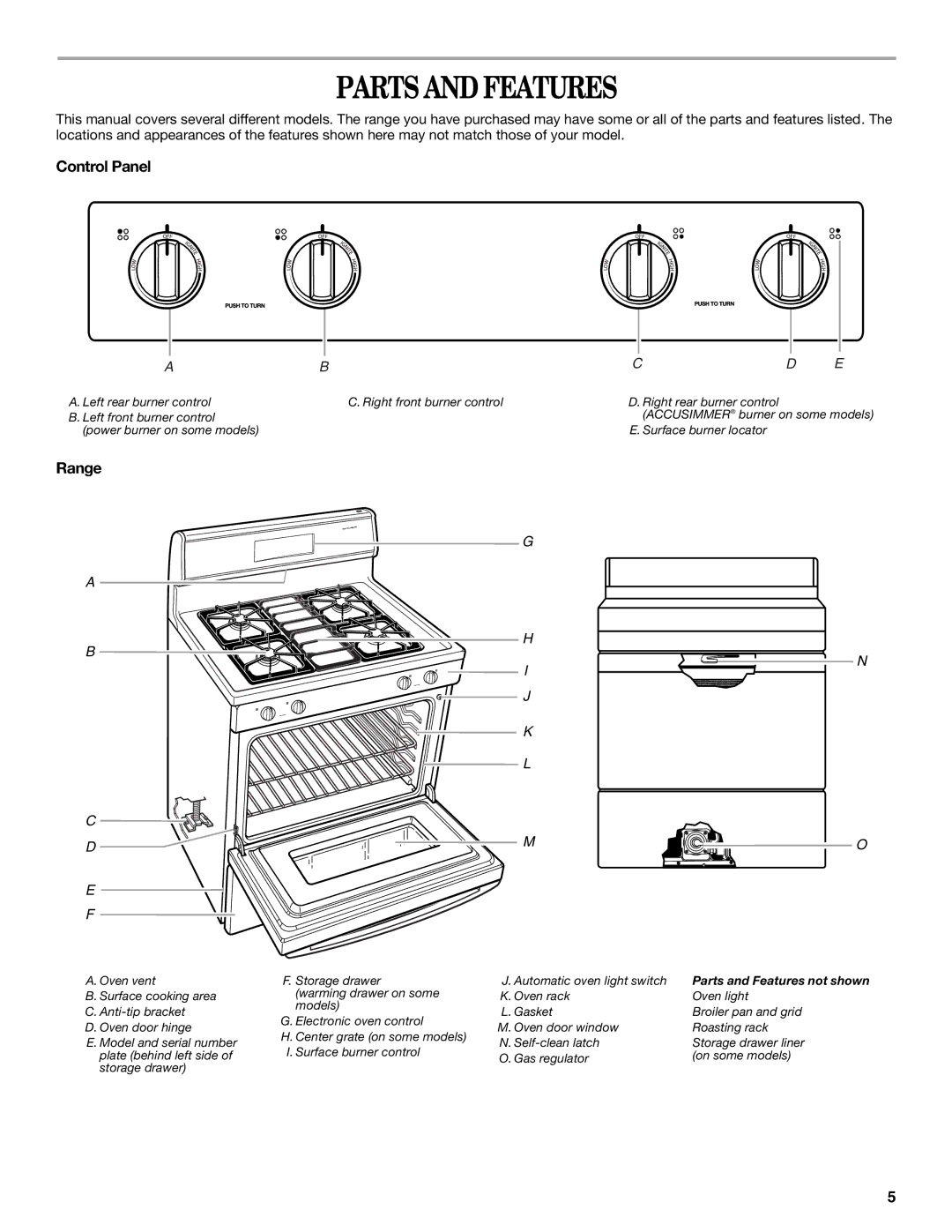 Whirlpool 9761040 manual Parts and Features, Control Panel, Range 