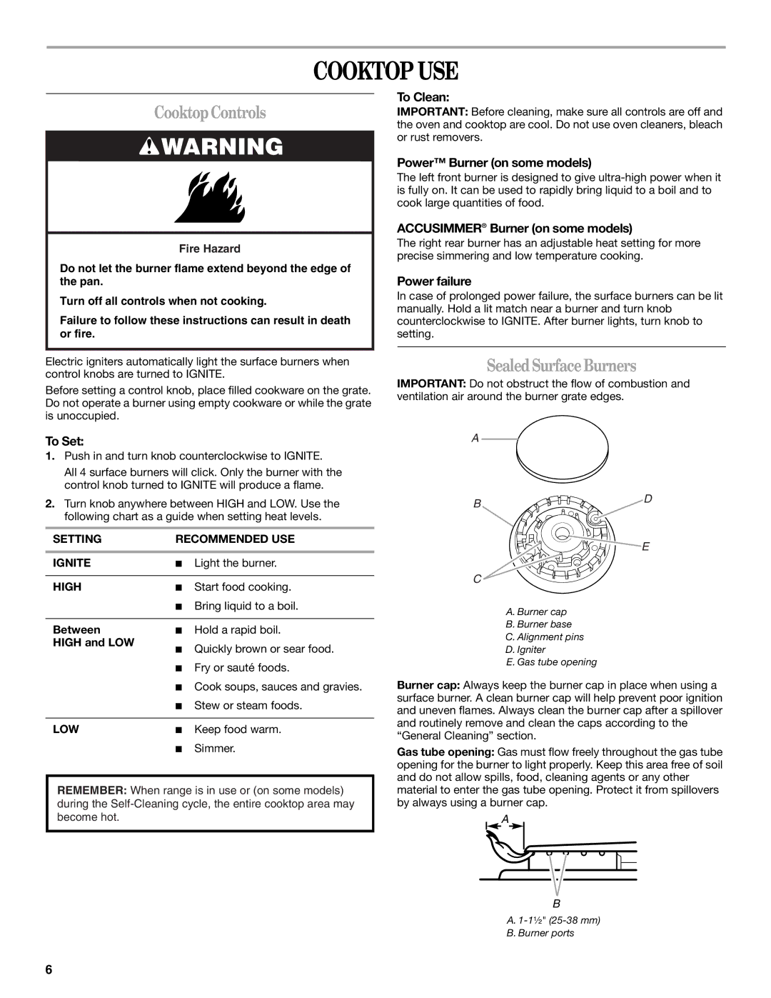 Whirlpool 9761040 manual Cooktop USE, Cooktop Controls, Sealed Surface Burners 