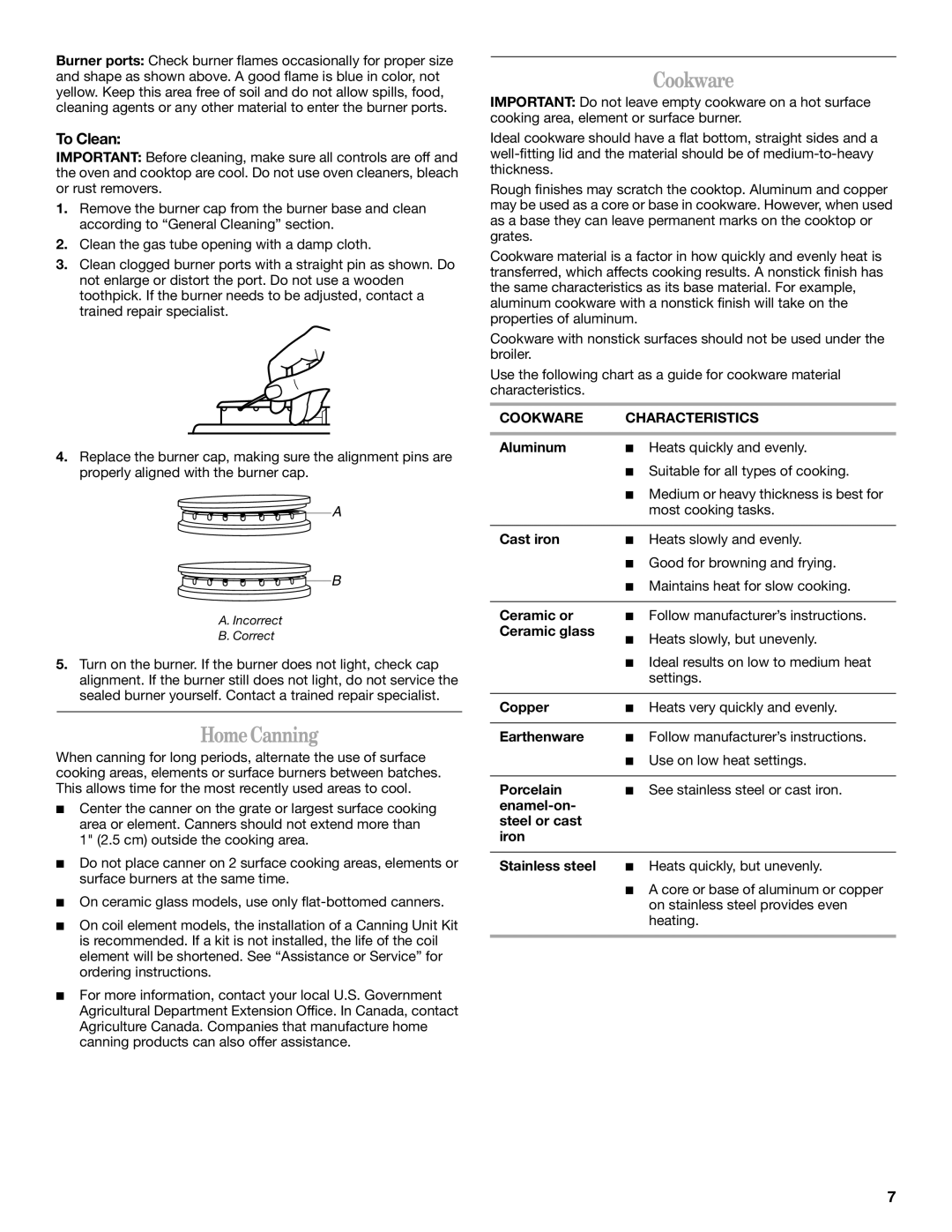 Whirlpool 9761040 manual Home Canning, Cookware Characteristics 