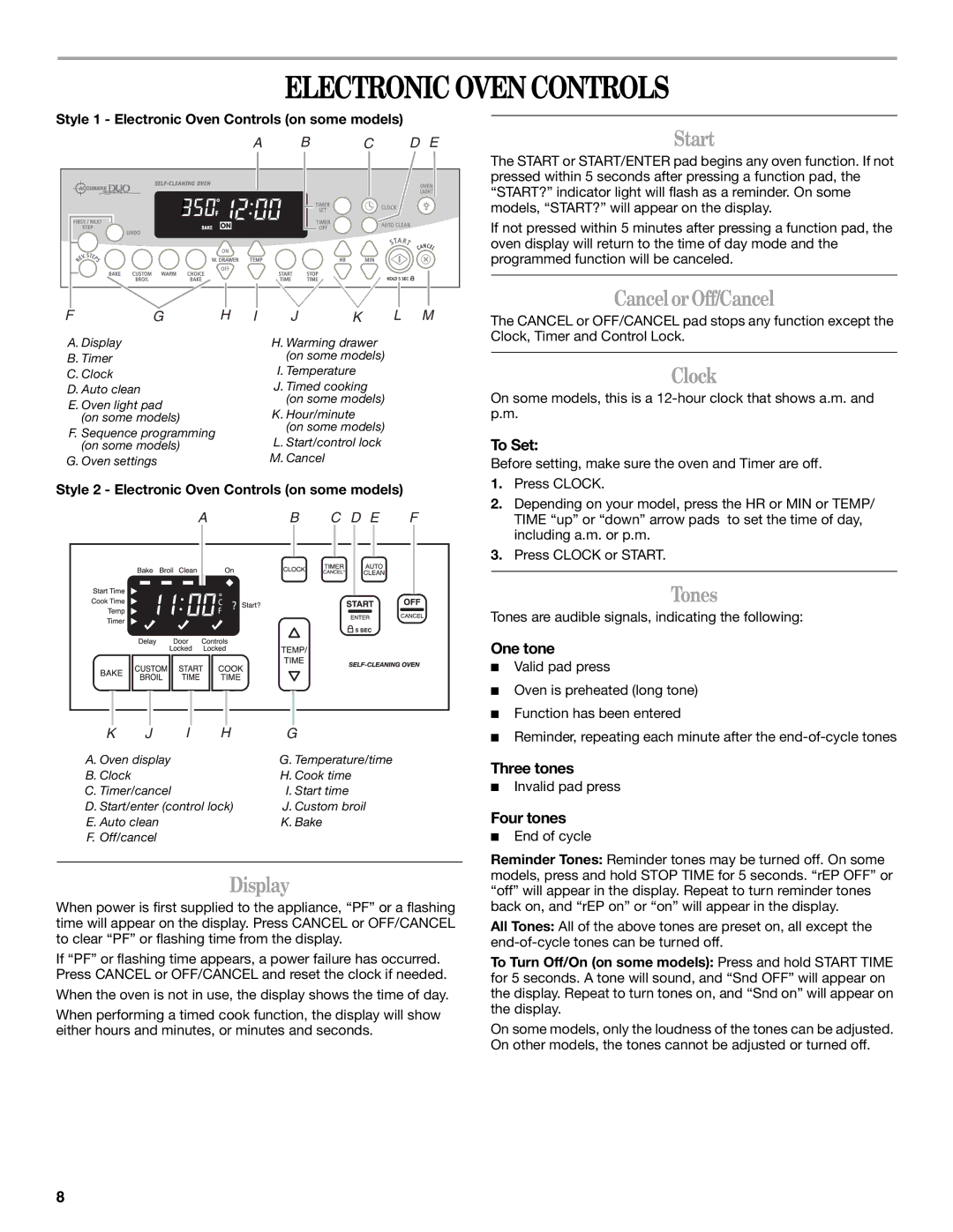 Whirlpool 9761040 manual Electronic Oven Controls 