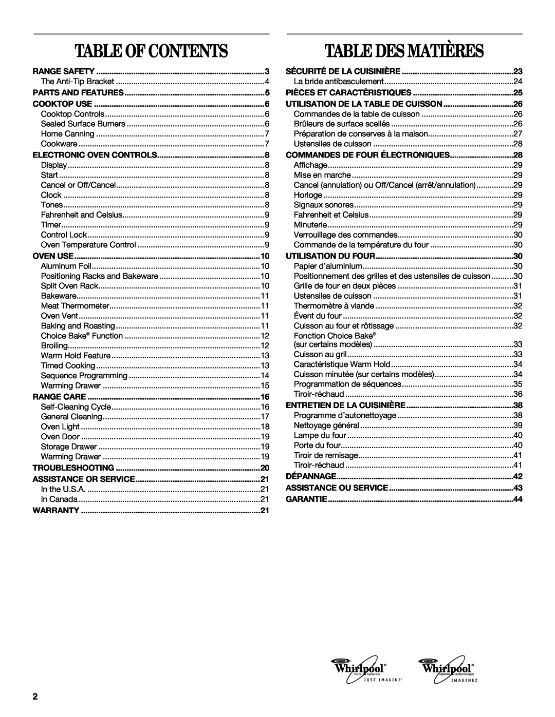Whirlpool 9761040 manual Table Des Matières, Table Of Contents 