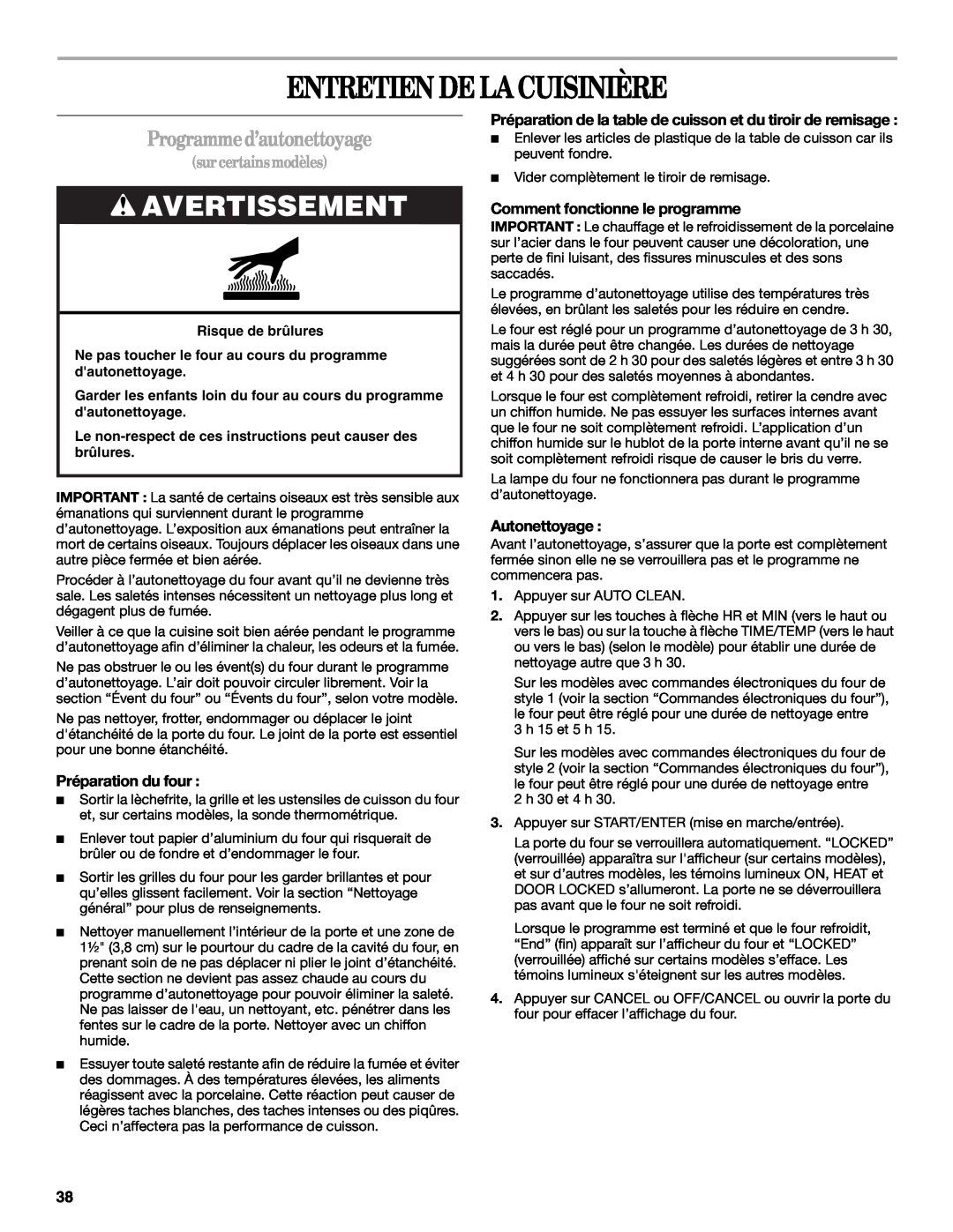 Whirlpool 9761040 manual Entretien De La Cuisinière, Programme d’autonettoyage, Avertissement, sur certains modèles 