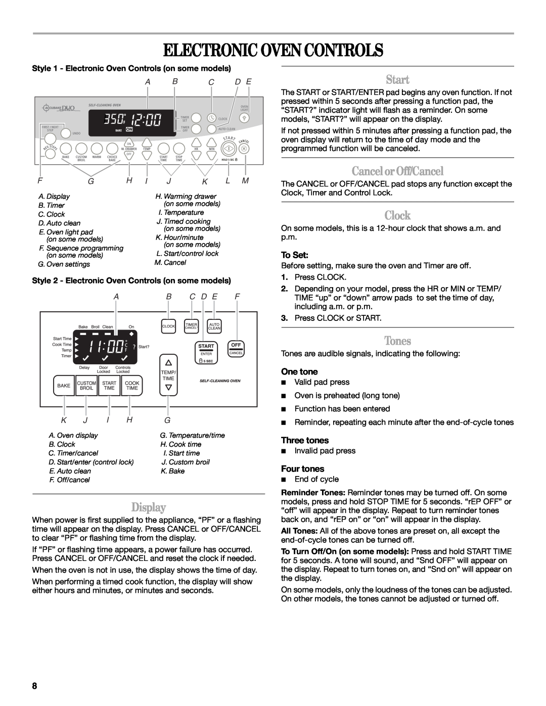Whirlpool 9761040 manual Electronic Oven Controls, Display, Start, Cancel or Off/Cancel, Clock, Tones, To Set, One tone 