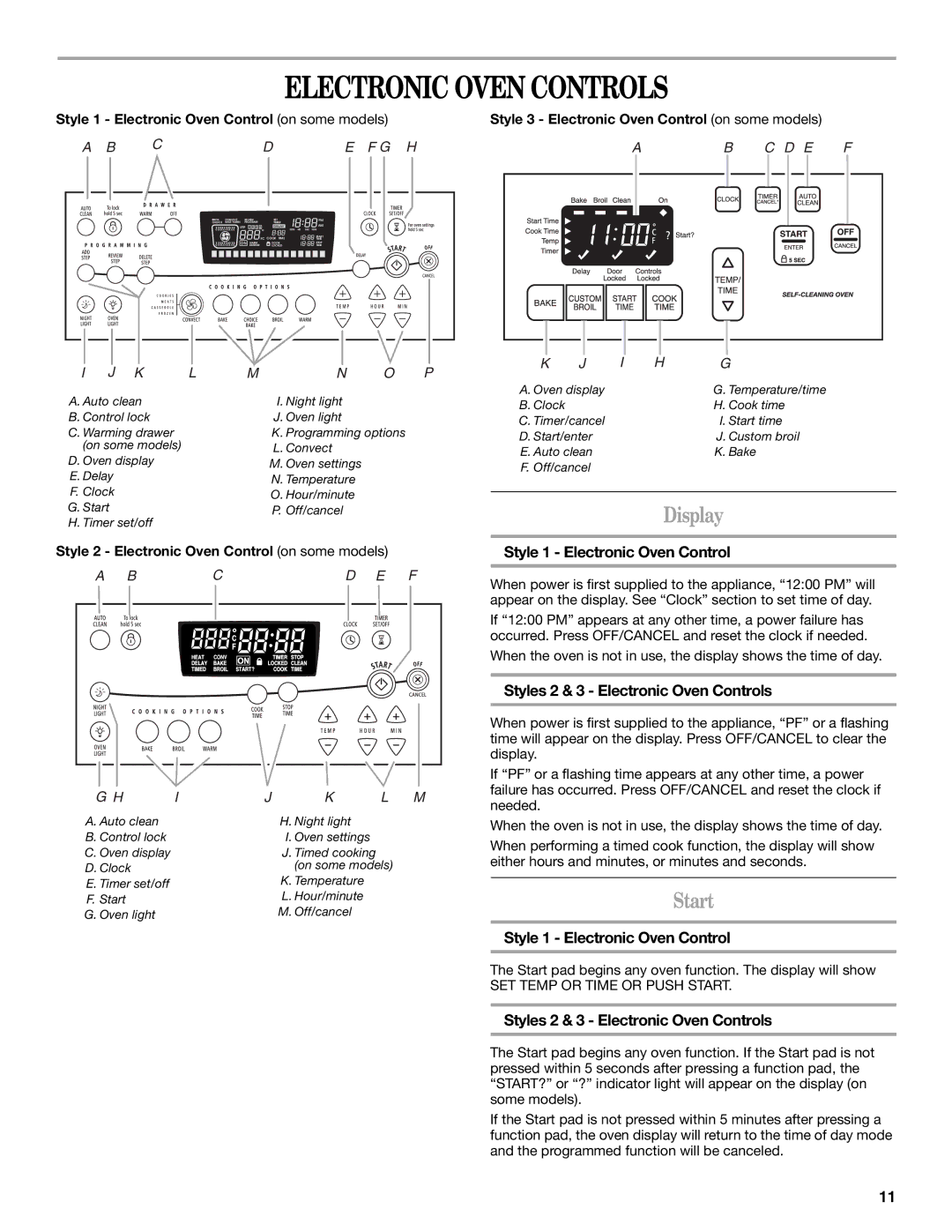 Whirlpool 9761862 manual Electronic Oven Controls, Display, Start, Style 1 Electronic Oven Control 