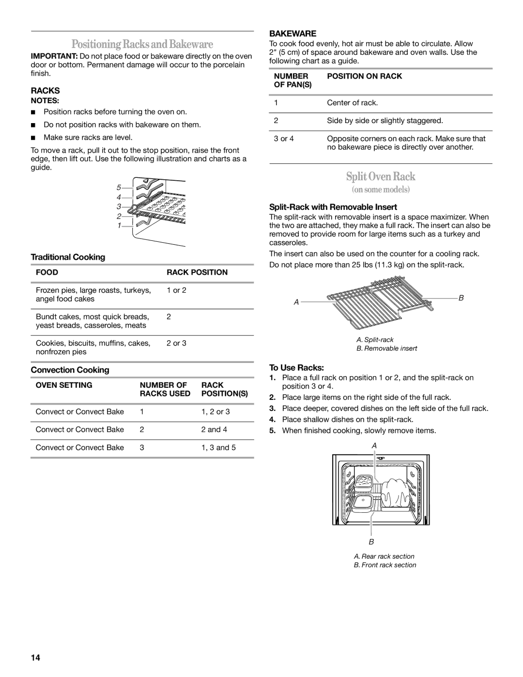 Whirlpool 9761862 manual Positioning RacksandBakeware, SplitOven Rack 