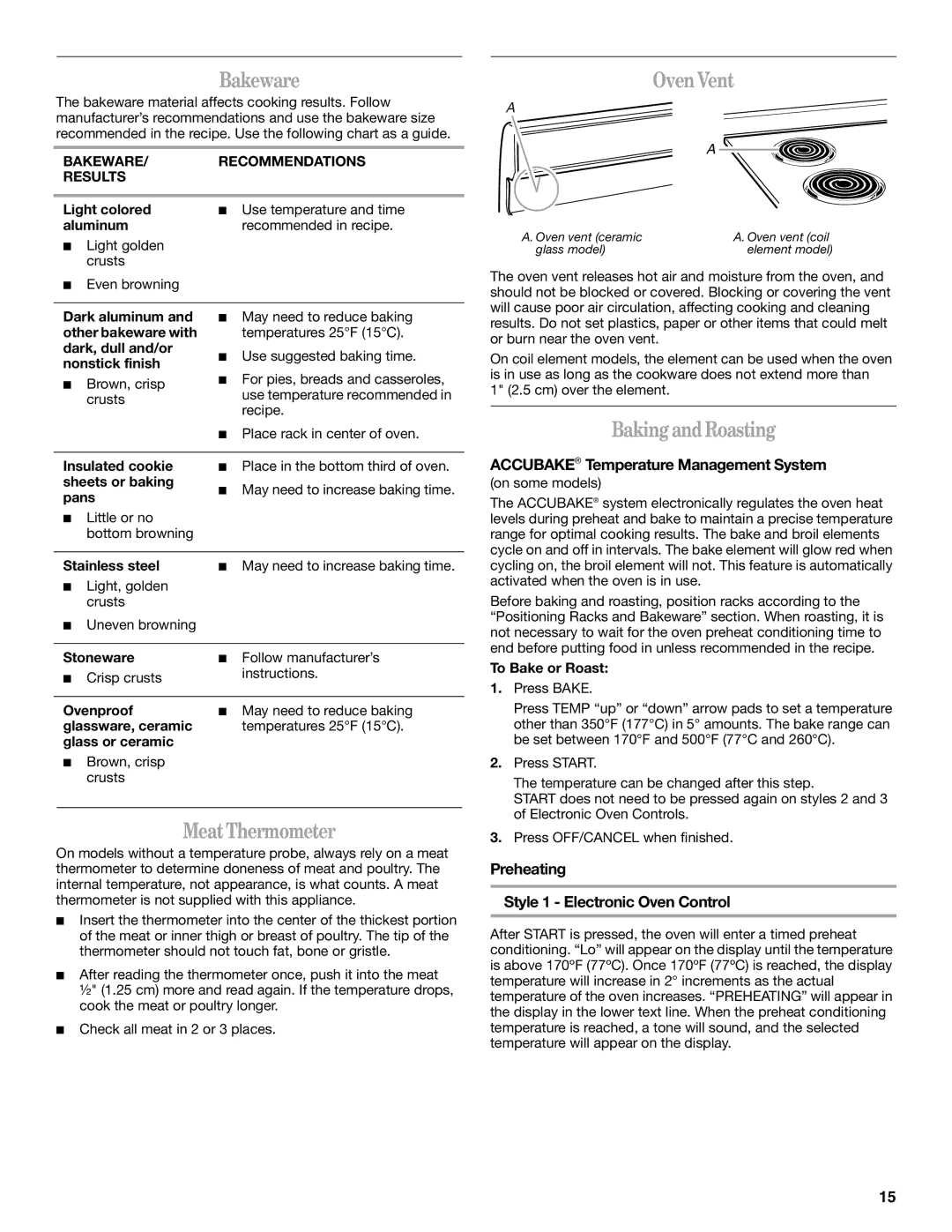 Whirlpool 9761862 manual Bakeware, Oven Vent, BakingandRoasting, MeatThermometer 