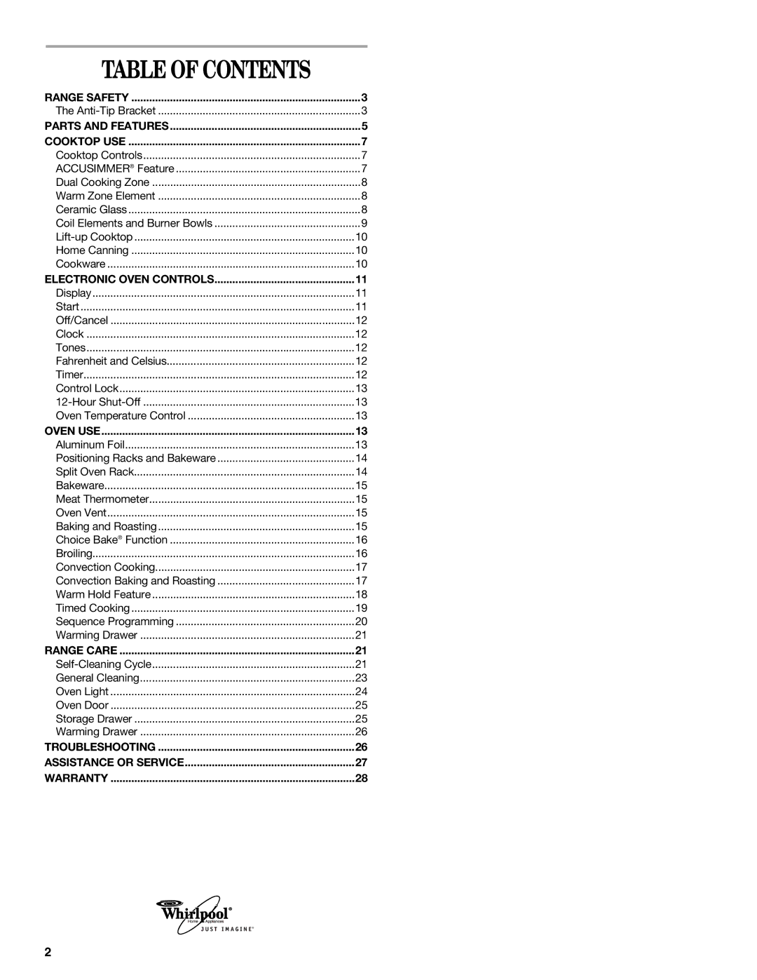 Whirlpool 9761862 manual Table of Contents 