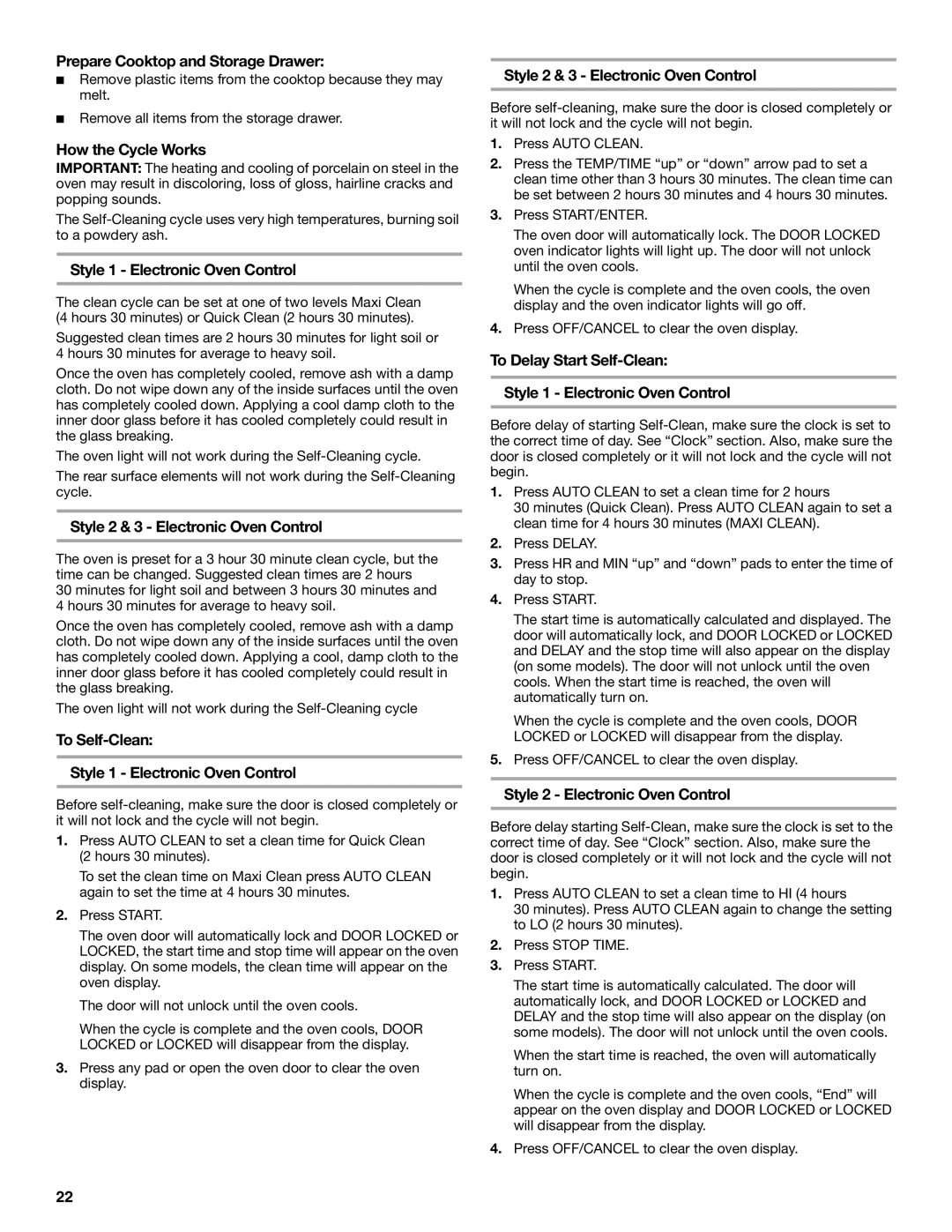 Whirlpool 9761862 manual Prepare Cooktop and Storage Drawer, How the Cycle Works, Style 2 & 3 Electronic Oven Control 