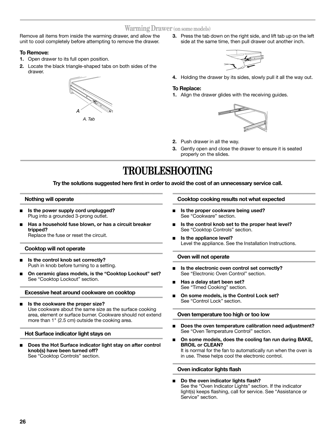 Whirlpool 9761862 manual Troubleshooting, WarmingDraweronsome models 