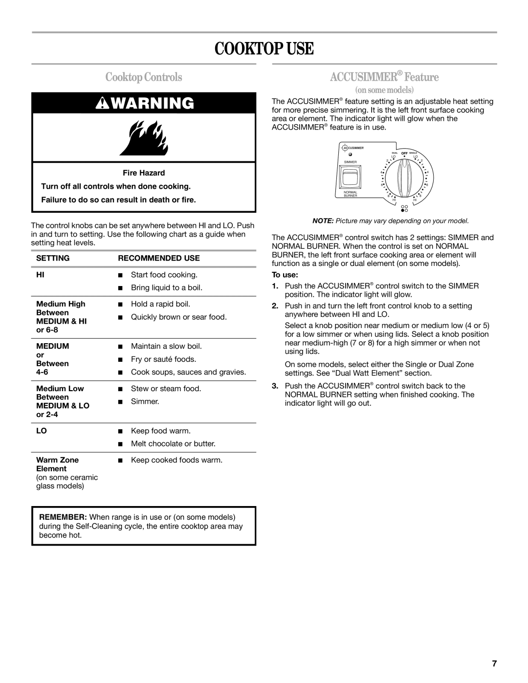 Whirlpool 9761862 manual Cooktop USE, CooktopControls, Accusimmer Feature, Onsomemodels 