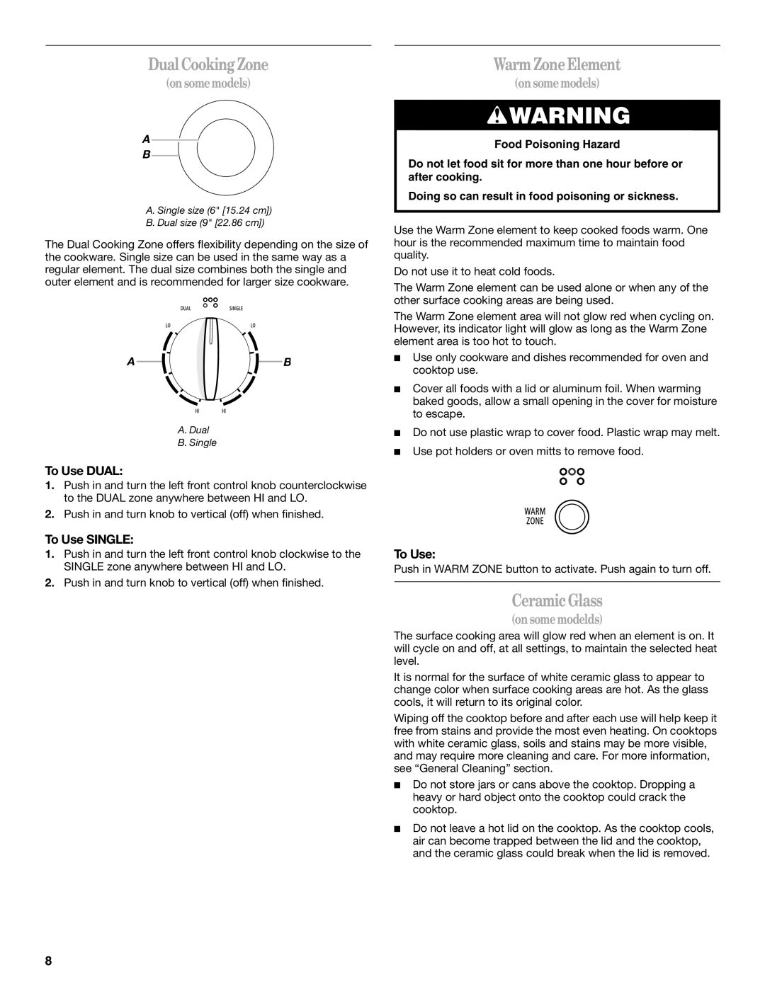 Whirlpool 9761862 manual Dual CookingZone, WarmZoneElement, CeramicGlass, Onsomemodelds 