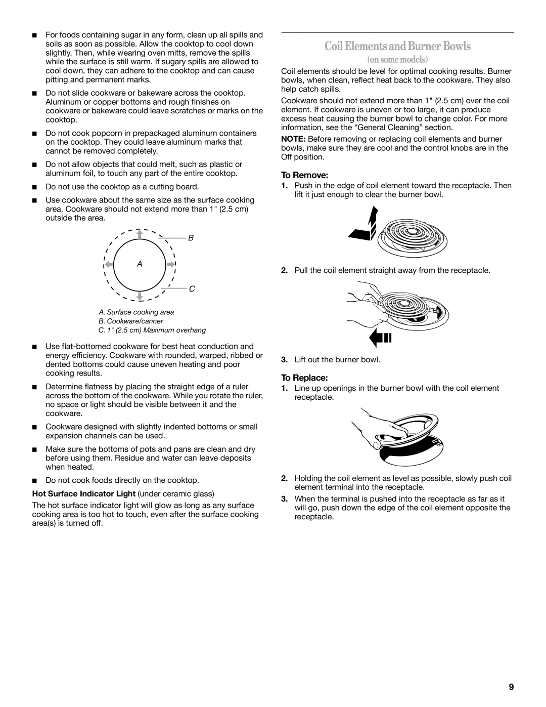 Whirlpool 9761862 Coil ElementsandBurner Bowls, To Remove, To Replace, Hot Surface Indicator Light under ceramic glass 