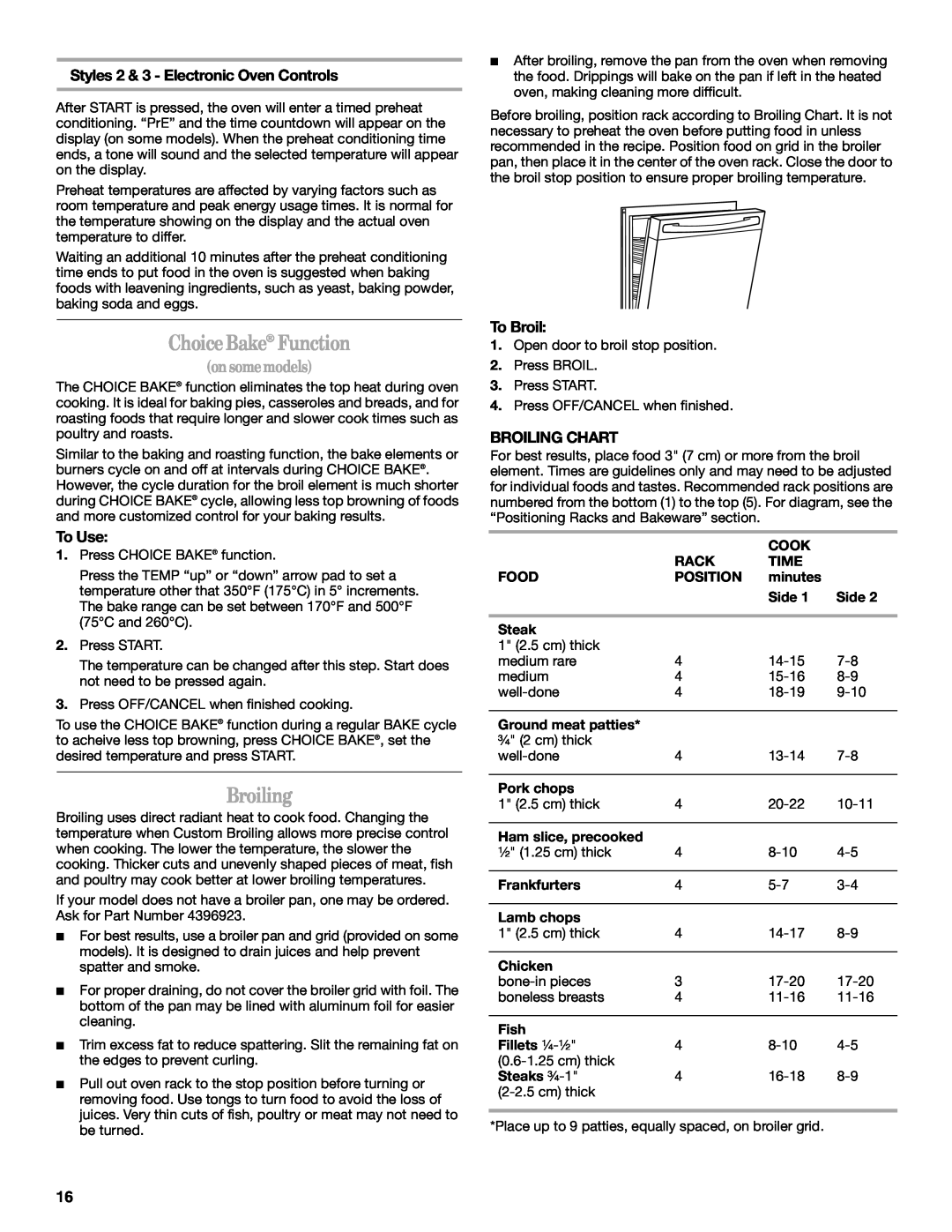 Whirlpool 9761862 ChoiceBake Function, To Broil, Broiling Chart, onsomemodels, Styles 2 & 3 - Electronic Oven Controls 