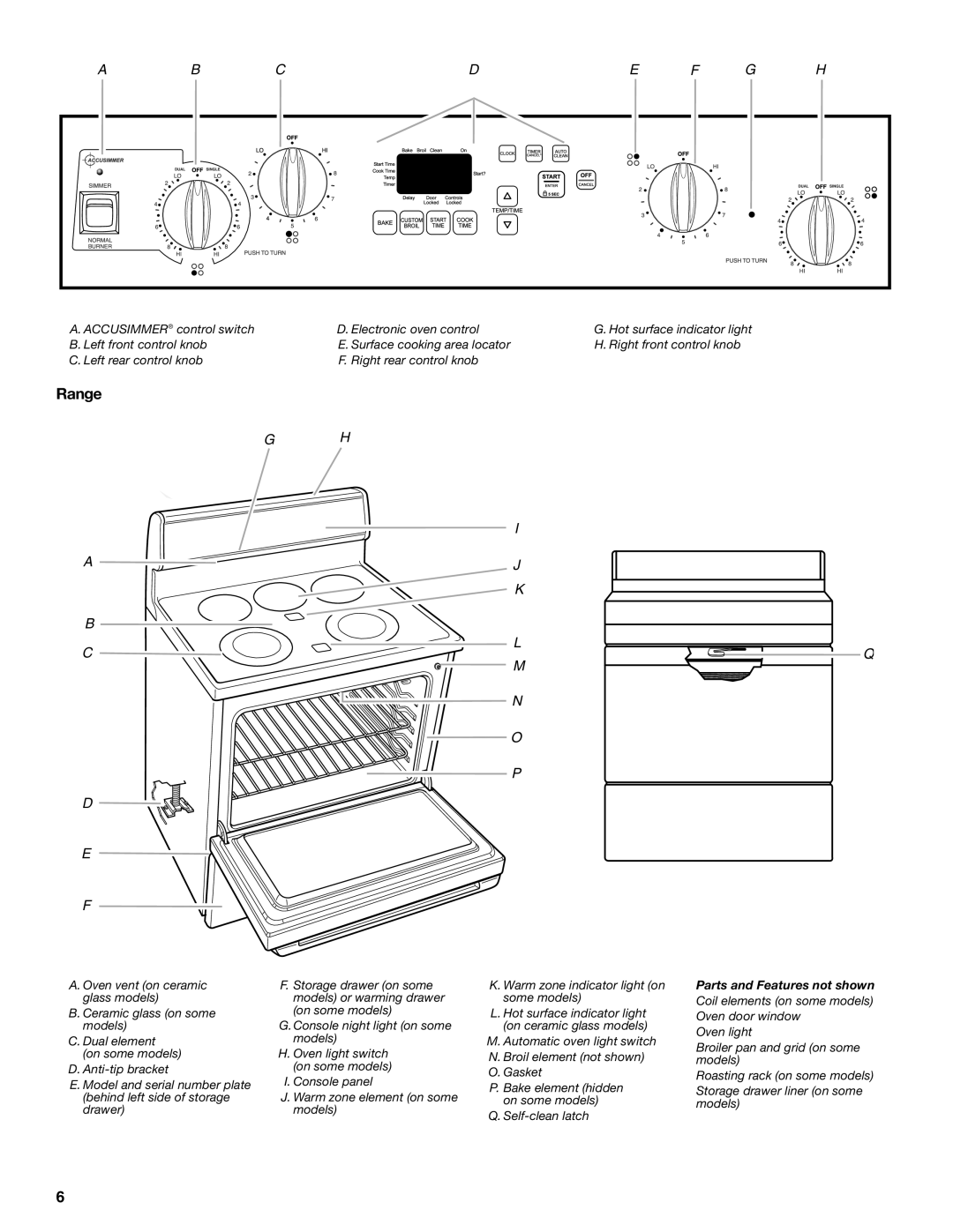 Whirlpool 9761862 manual Range, Abcde F G H, B L C Q M N O P D E F, Parts and Features not shown 