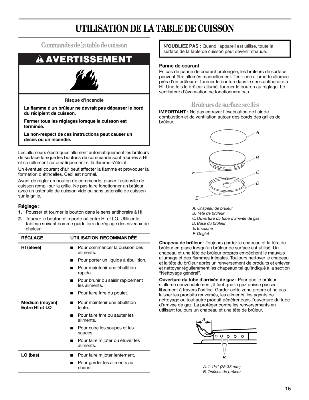 Whirlpool 9761890 Utilisation DE LA Table DE Cuisson, Commandesdelatabledecuisson, Brûleurs desurfacescellès, Réglage 