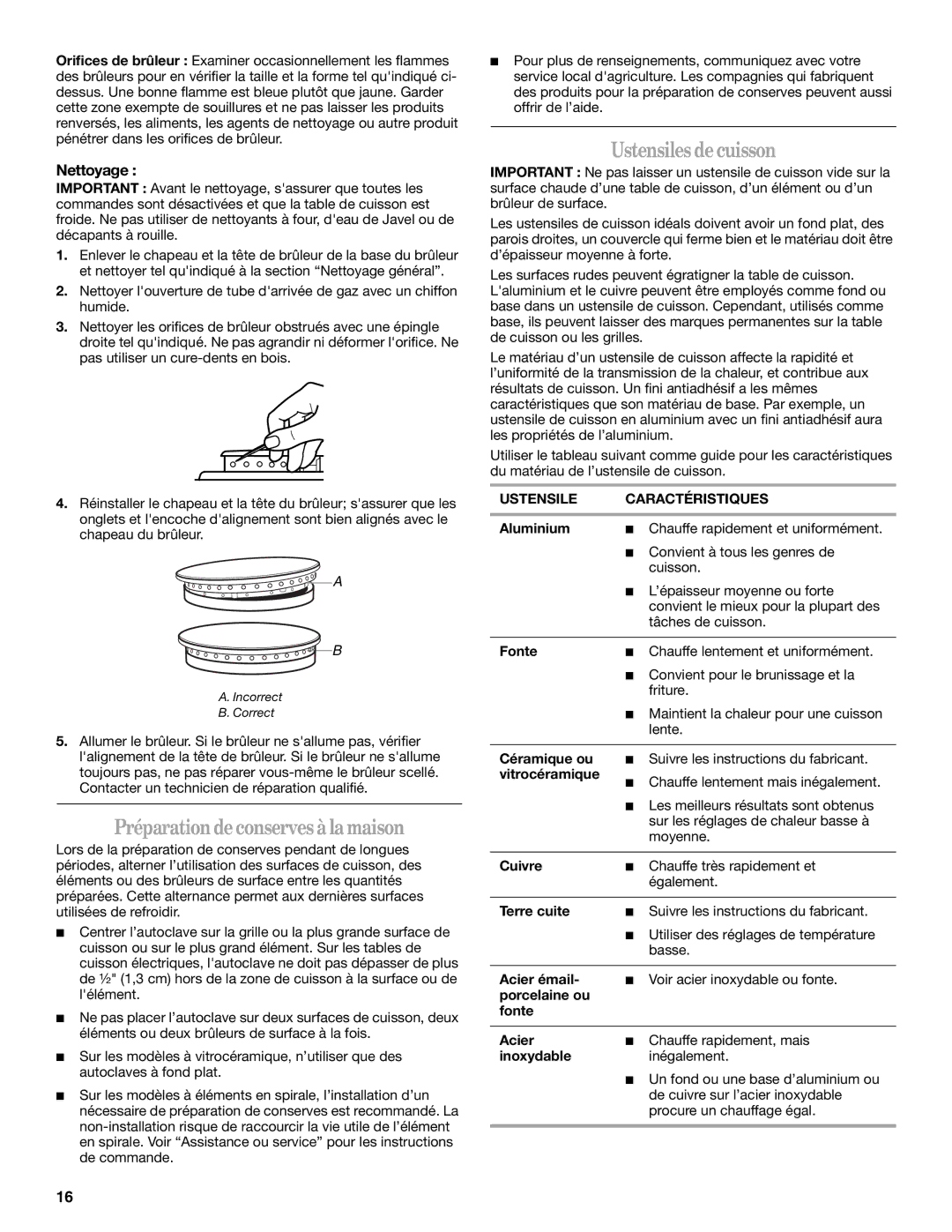 Whirlpool 9761890 manual Préparationdeconserves àlamaison, Ustensiles decuisson, Nettoyage, Ustensile Caractéristiques 