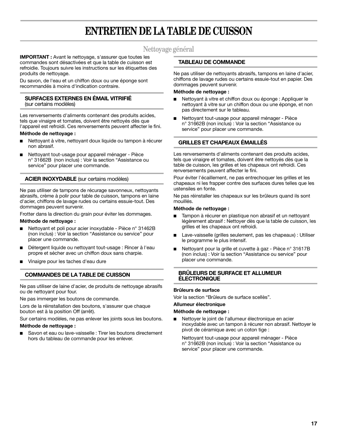 Whirlpool 9761890 manual Entretien DE LA Table DE Cuisson, Nettoyagegénéral, Méthode de nettoyage, Brûleurs de surface 