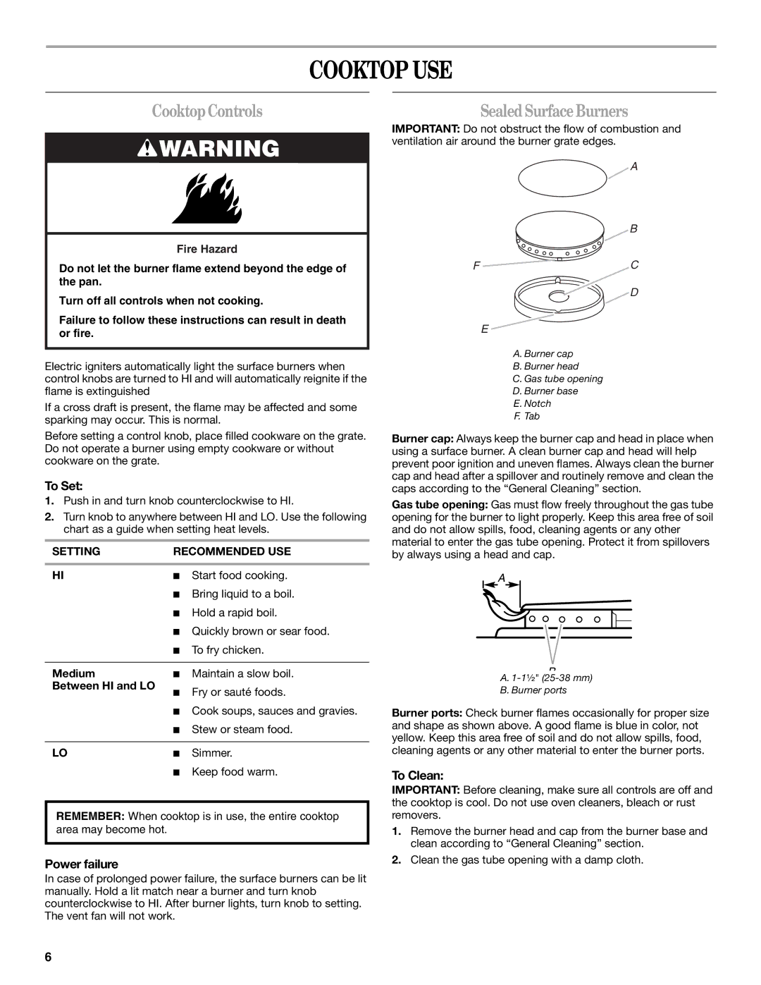 Whirlpool 9761890 manual Cooktop USE, CooktopControls, SealedSurfaceBurners 