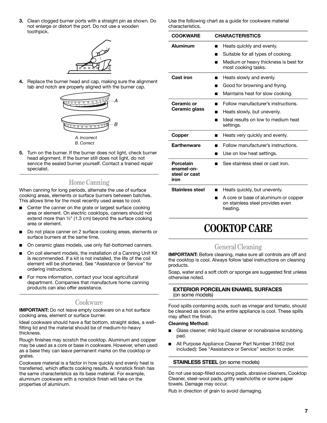 Whirlpool 9761890 manual Cooktop Care, HomeCanning, Cookware, GeneralCleaning, Stainless Steel on some models 