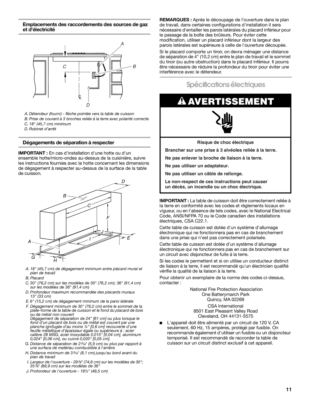 Whirlpool 9761893A installation instructions Spécifications électriques, Dégagements de séparation à respecter 