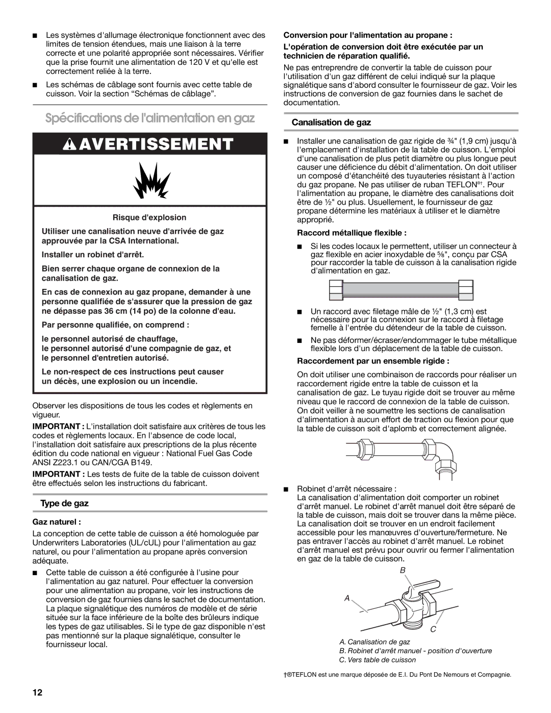 Whirlpool 9761893A installation instructions Spécifications de lalimentation en gaz, Type de gaz, Canalisation de gaz 