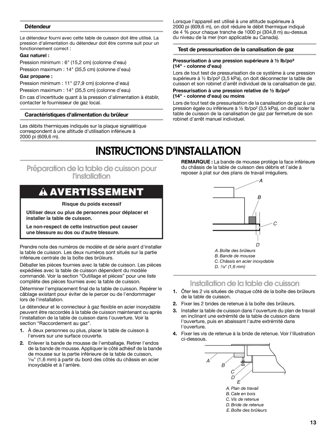 Whirlpool 9761893A Instructions Dinstallation, Préparation de la table de cuisson pour Linstallation 