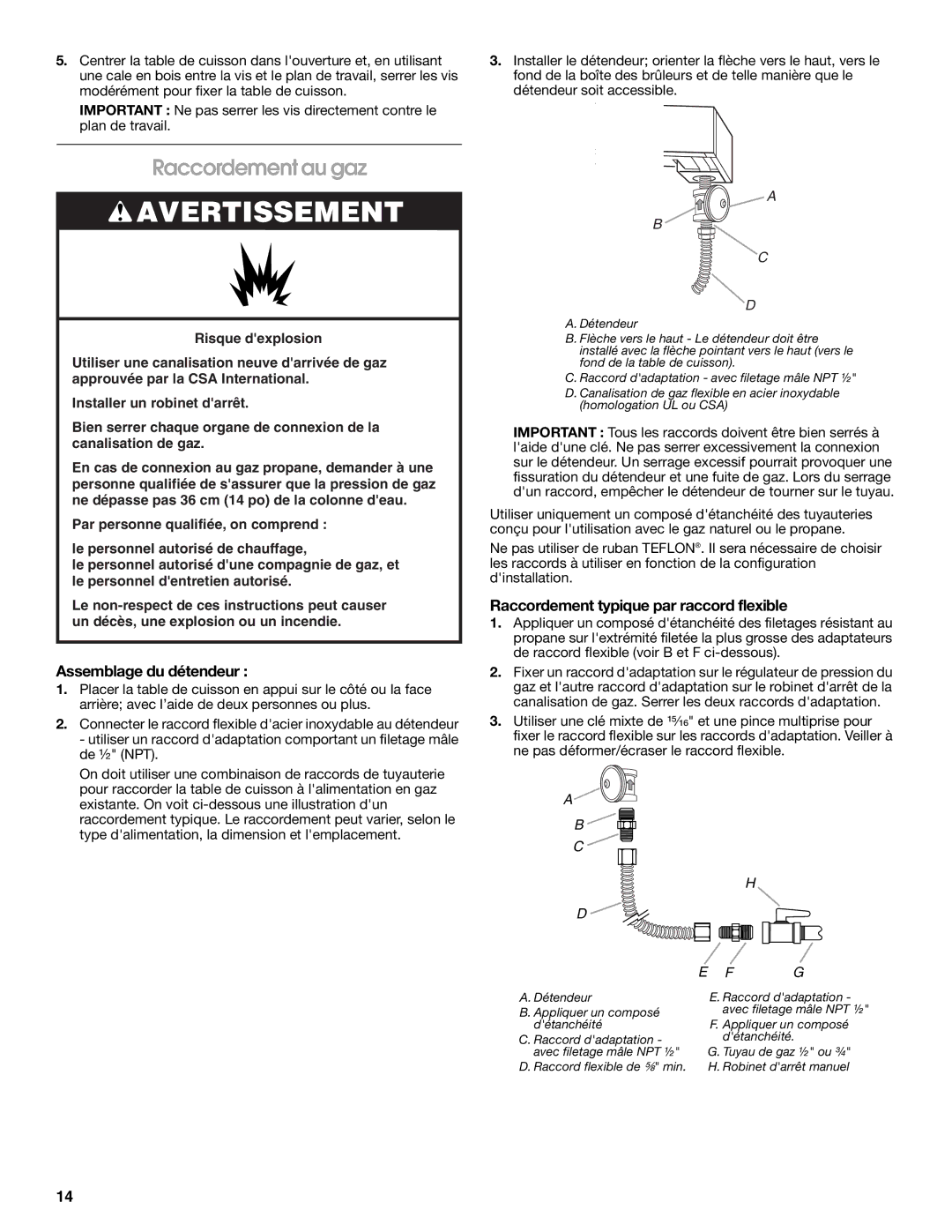 Whirlpool 9761893A Raccordement au gaz, Assemblage du détendeur, Raccordement typique par raccord flexible 