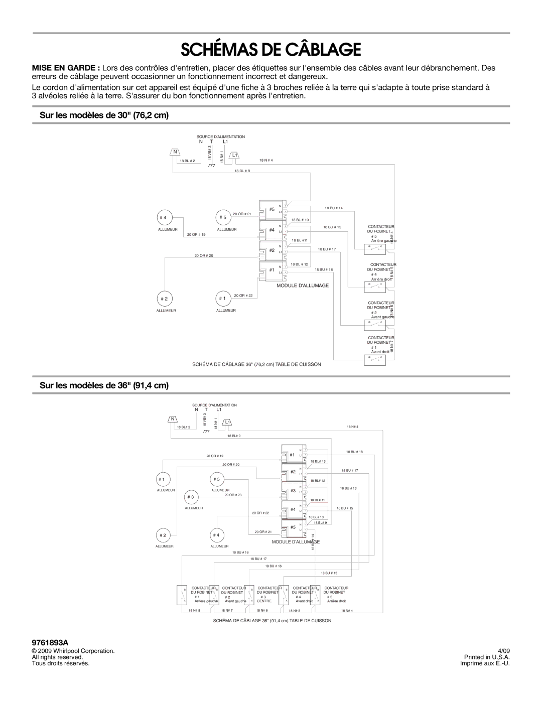 Whirlpool 9761893A Schémas DE Câblage, Sur les modèles de 30 76,2 cm, Sur les modèles de 36 91,4 cm 