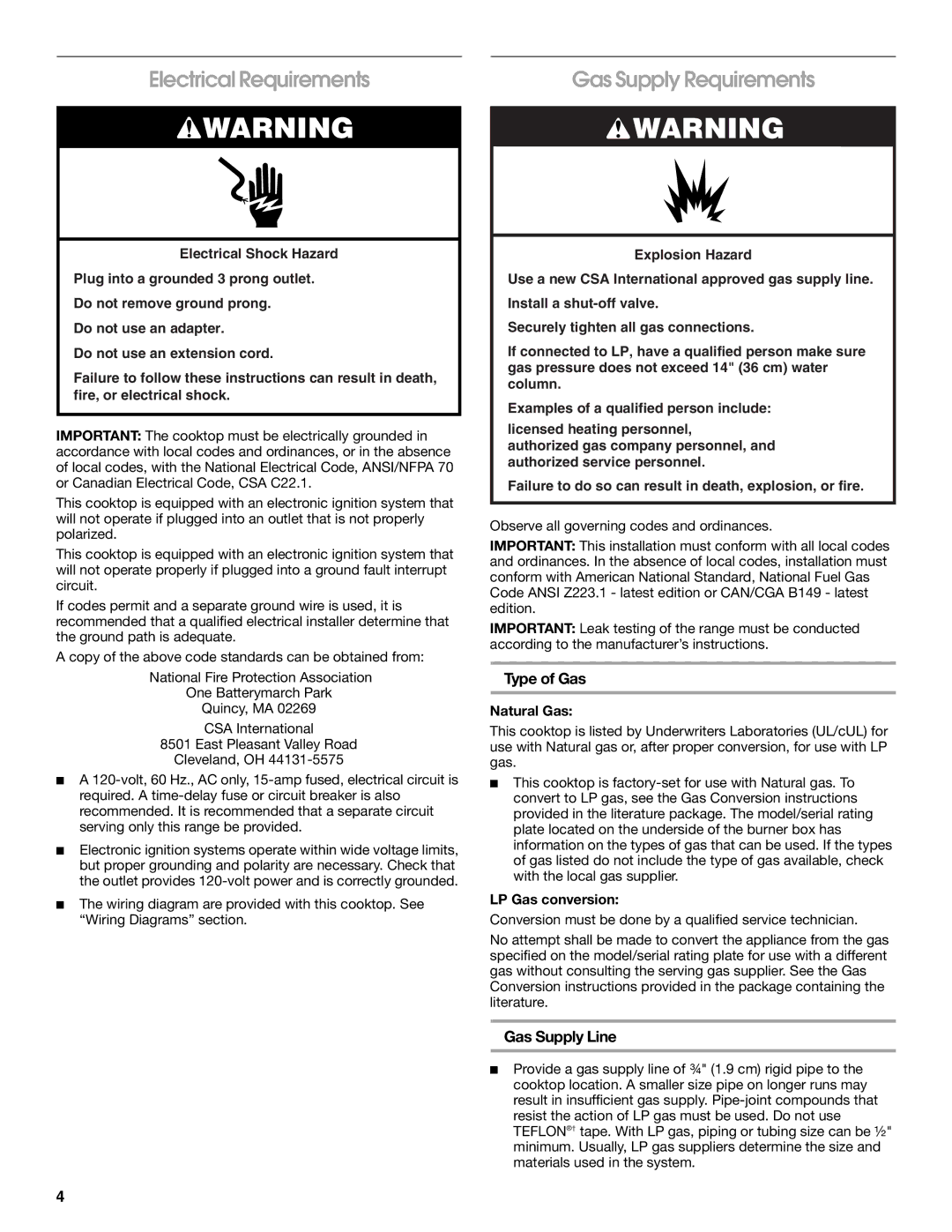 Whirlpool 9761893A installation instructions Electrical Requirements, Gas Supply Requirements, Type of Gas, Gas Supply Line 