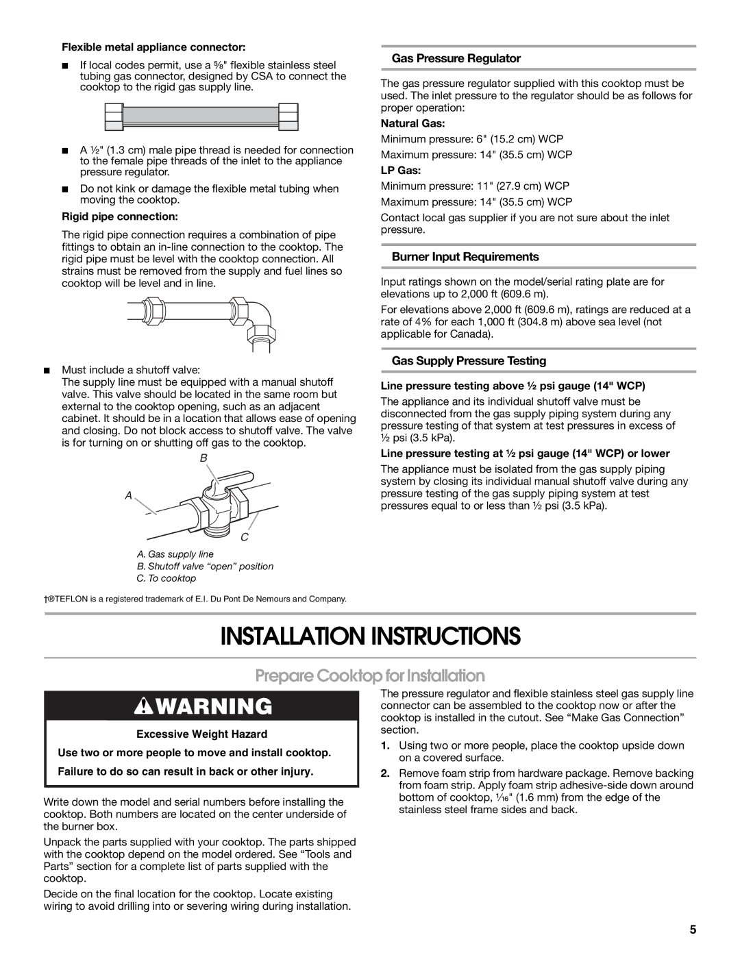 Whirlpool 9761893A Installation Instructions, Prepare Cooktop for Installation, Gas Pressure Regulator 