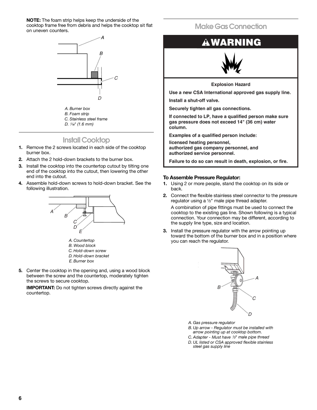 Whirlpool 9761893A installation instructions Install Cooktop, Make Gas Connection, To Assemble Pressure Regulator 